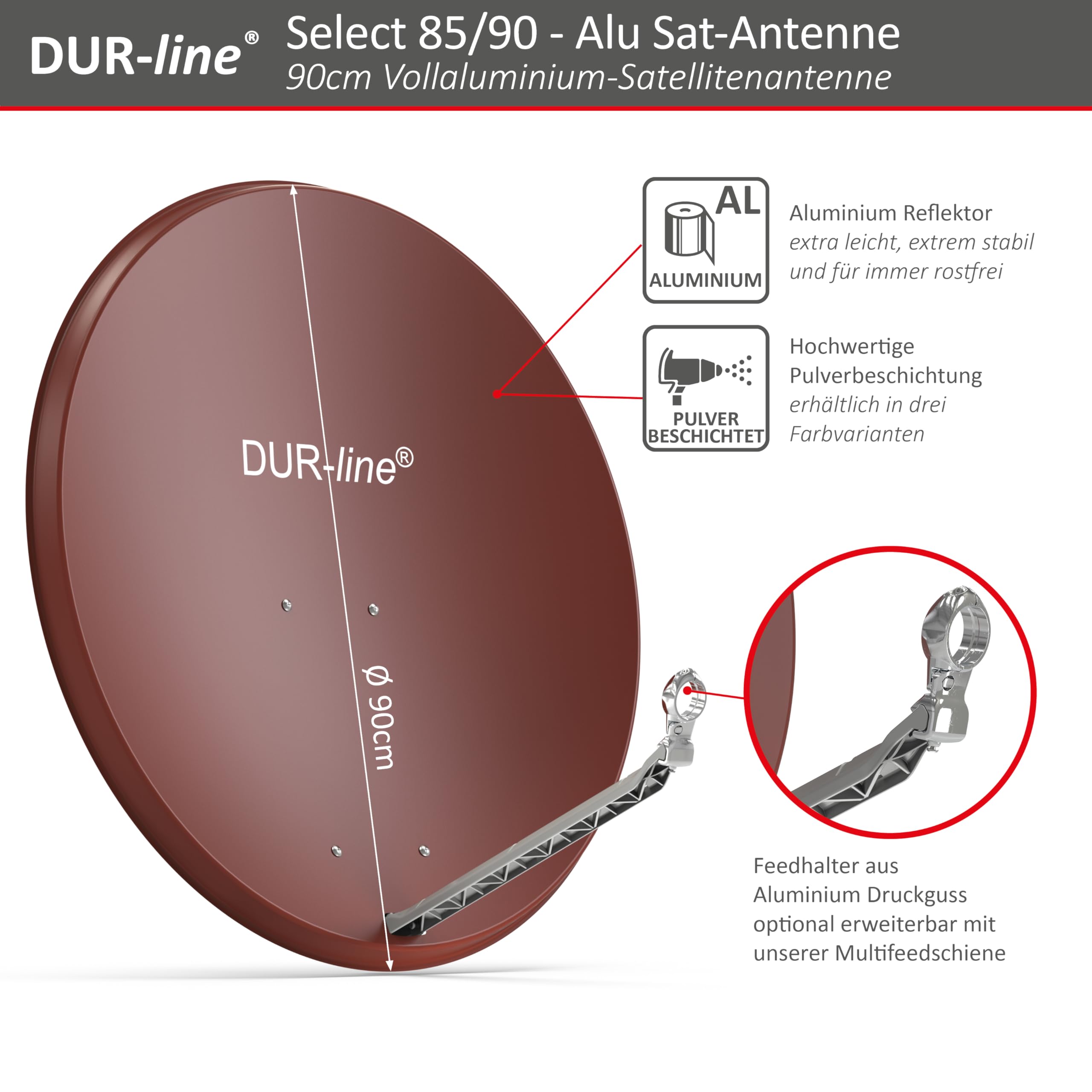 DUR-line 4 Teilnehmer Set - Qualitäts-Alu-Satelliten-Komplettanlage - Select 85cm/90cm Spiegel/Schüssel Rot + Quad LNB - für 4 Receiver/TV [Neuste Technik, DVB-S2, 4K, 3D]