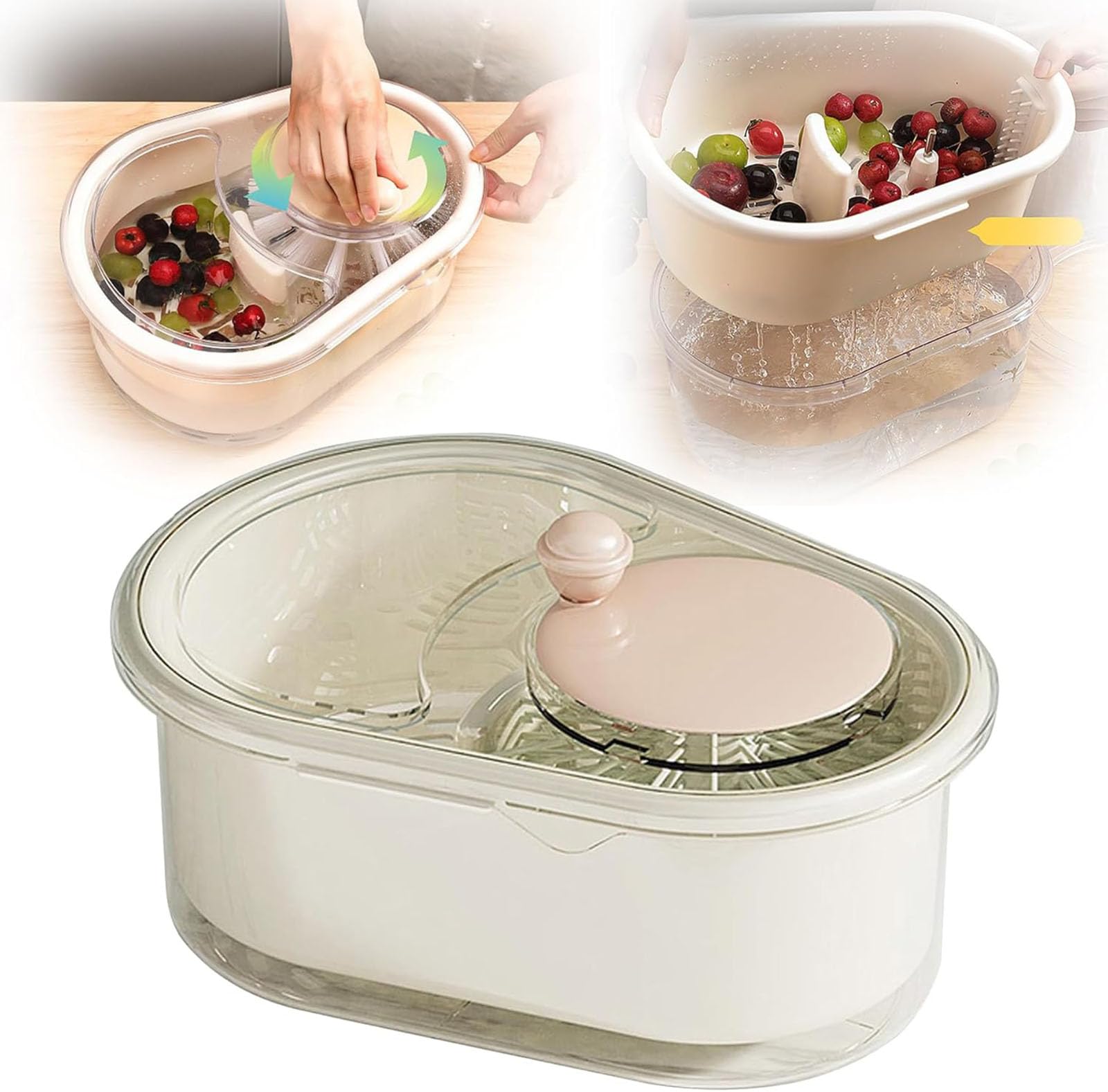 2025 New Fruit Cleaner Spinner,Manual Fruit and Vegetable Washing Machine,Portable Fruit Scrubber With Lid,Large Multifunctional Fruit and Vegetable Scrubber with Brush and Fruit Washer Bowl (White)