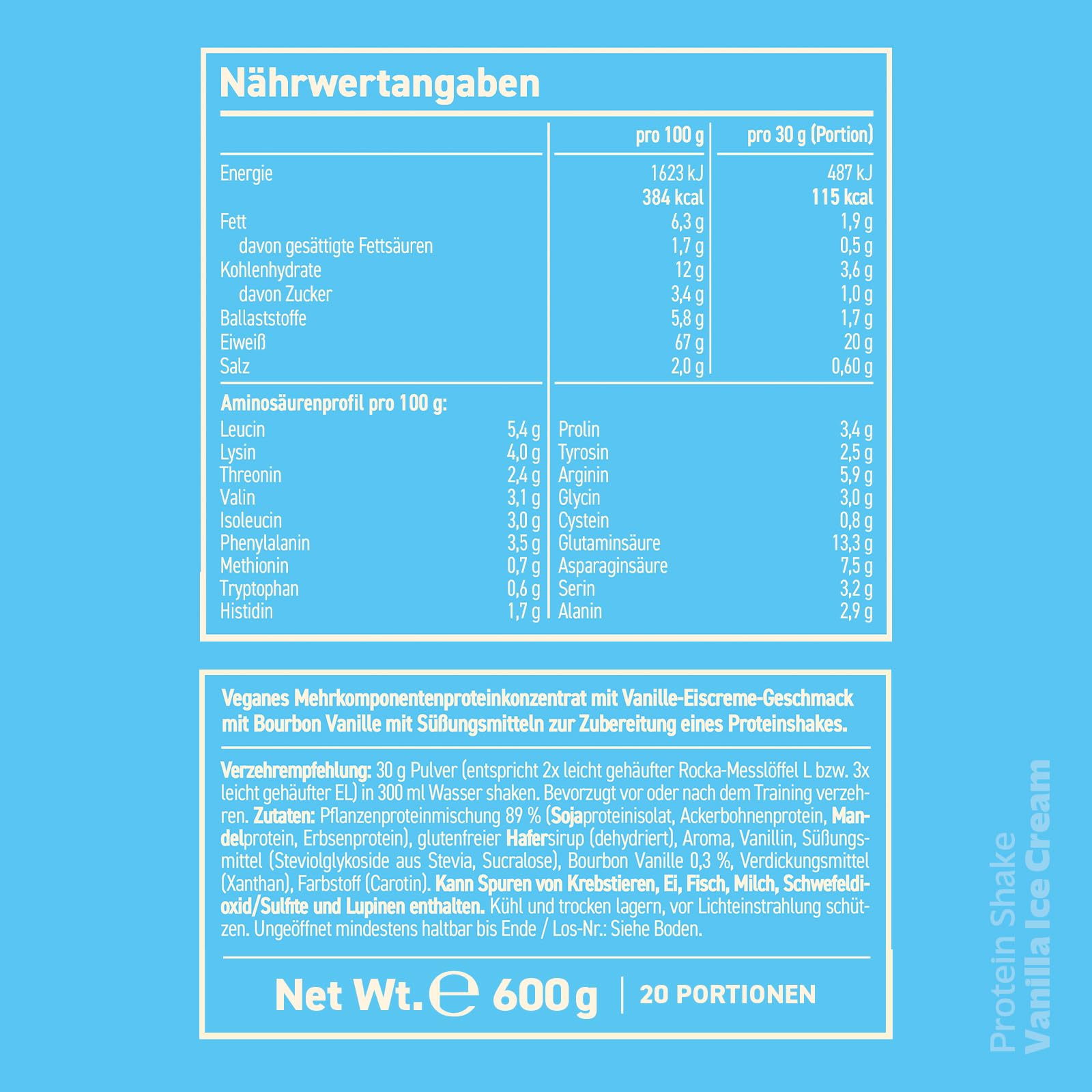 Rocka Nutrition Protein Shake veganes Proteinpulver | Pflanzliches Protein Pulver mit 20 g Protein pro Portion | Multikomponentenprotein | 100% Geschmack (600 g, Vanilla Ice Cream)