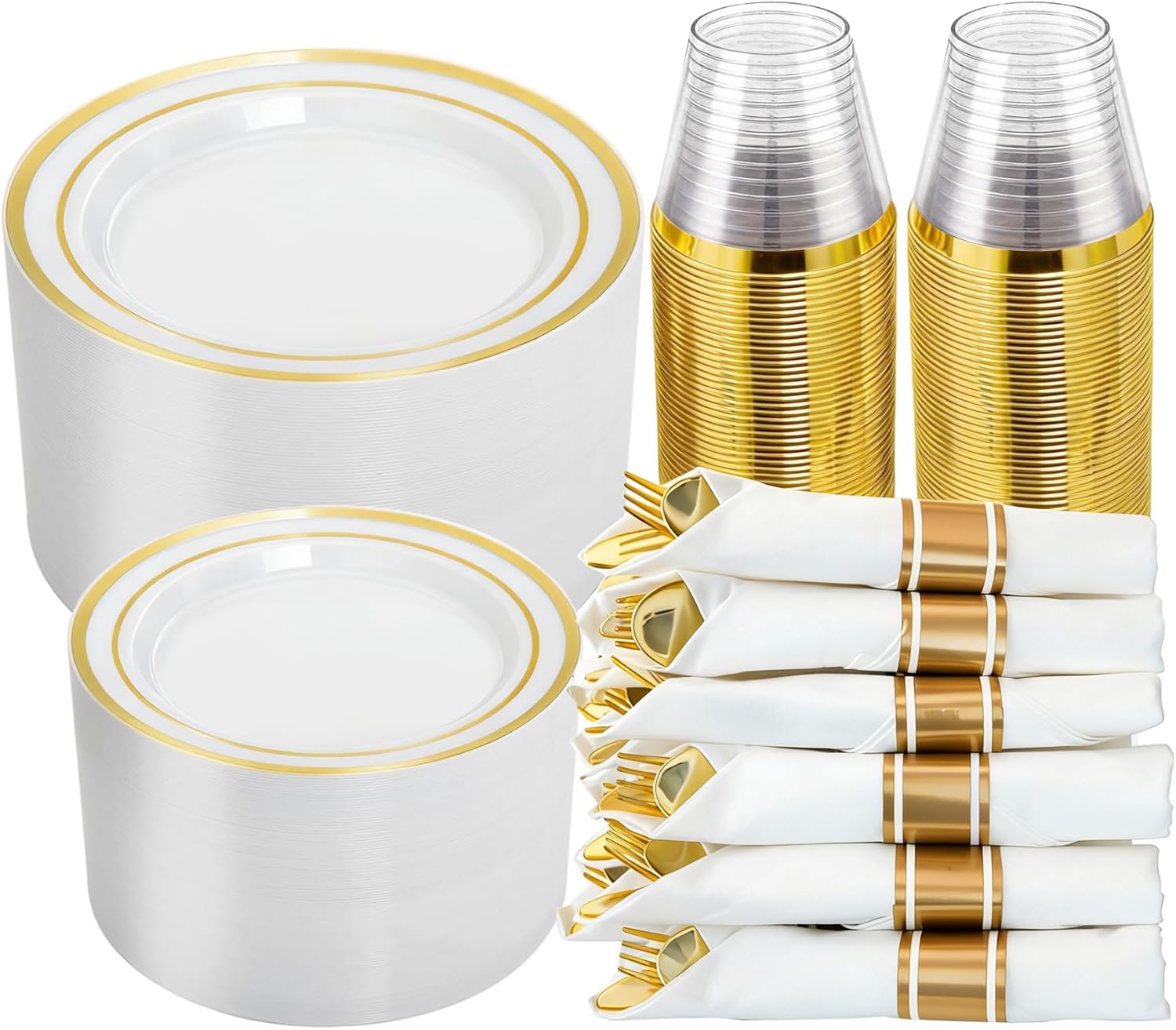 N9R 350PCS Gold Plastic Dinnerware Set for 50 Guests, Gold Disposable Plates for Party, Include: 100 Plastic Plates, 50 Pre Rolled Napkins with Silverware and 50 Cups