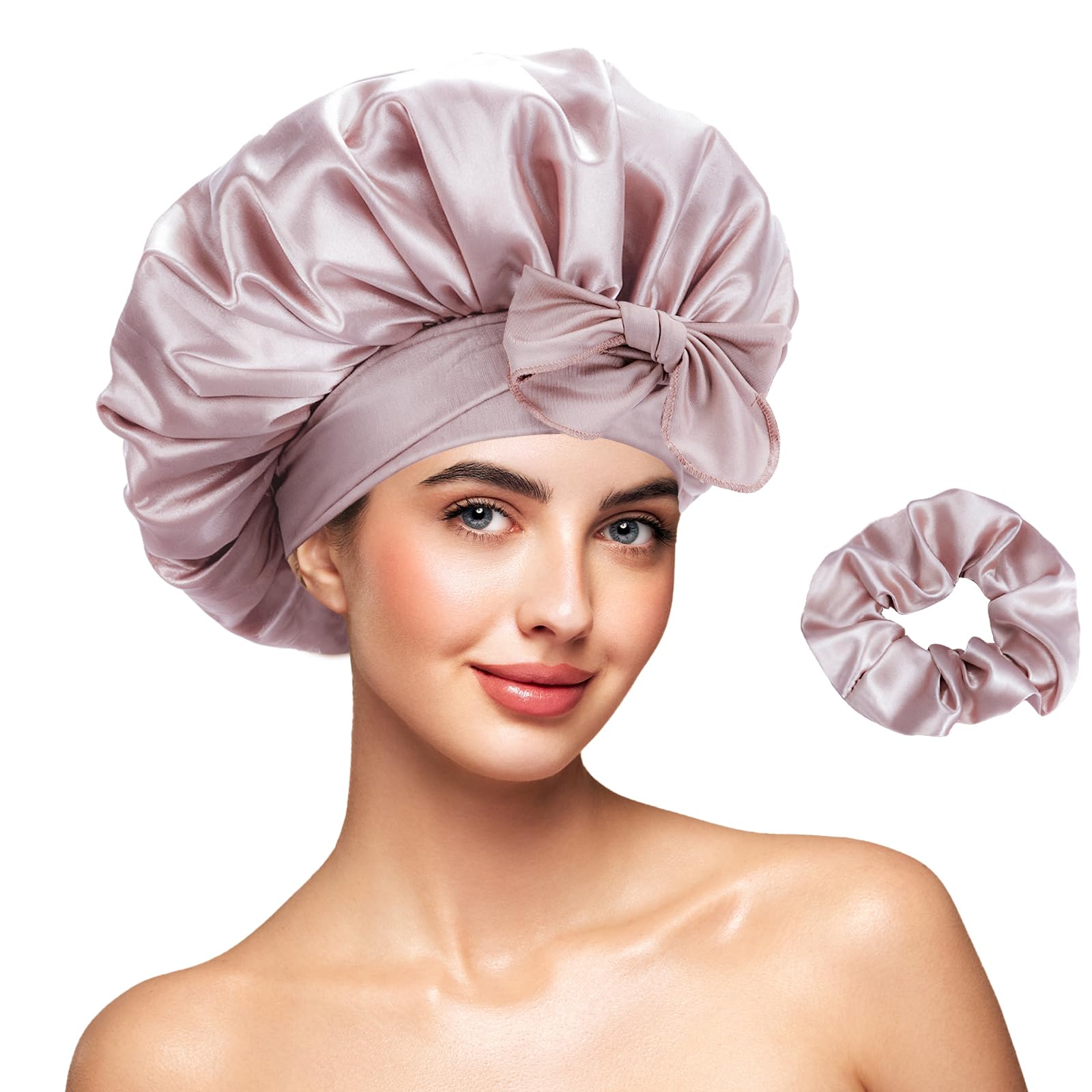 Set Gorro de Dormir con Coleta Ajustable de Saten Doble Capa para Pelo Rizado Regalo Hombre Mujer