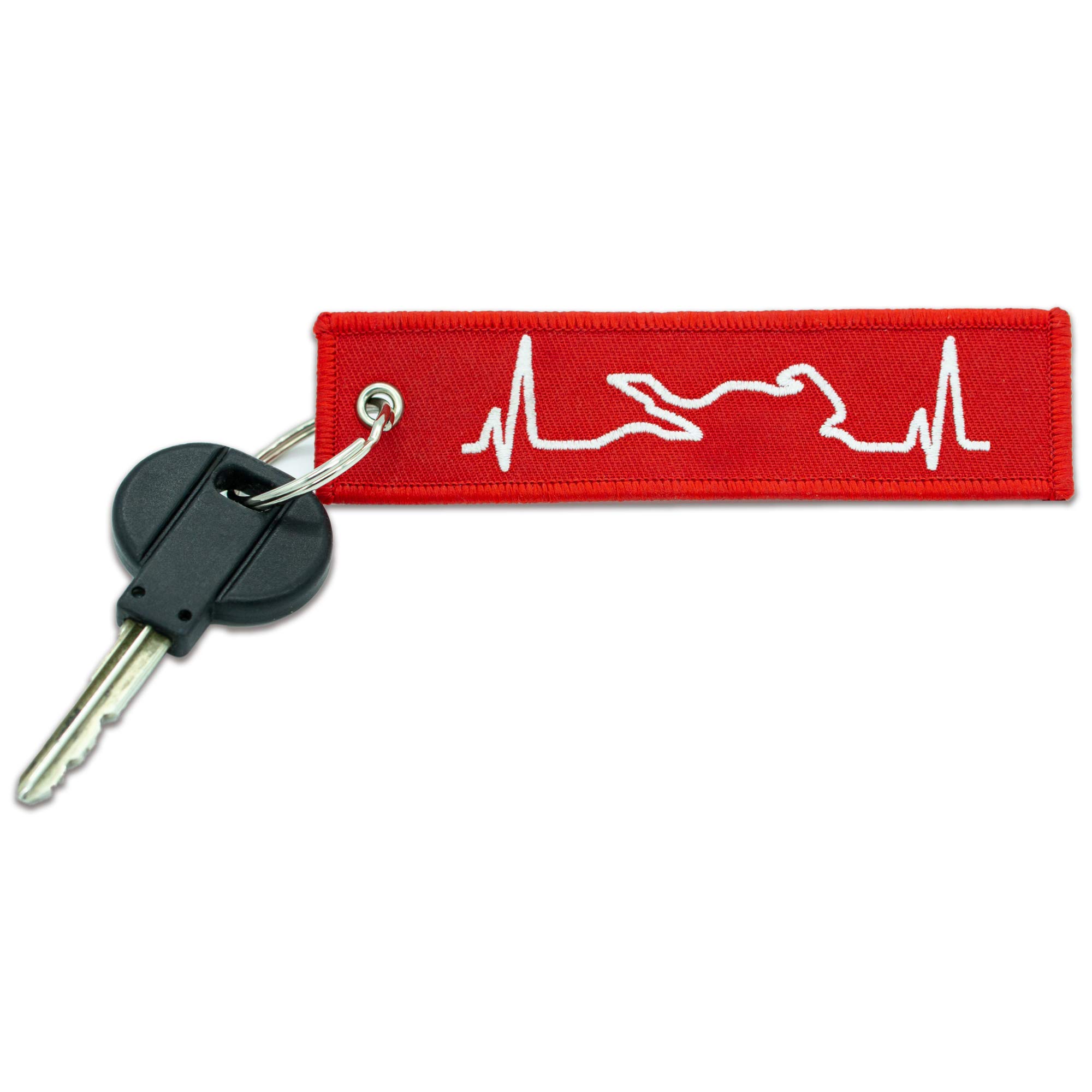 Autodomy Autodomy Llavero Moto con Bordado Doble Cara | Llavero para Moto Coche Scooter Quad ATV | Porta Llaves Latido de Corazón 12x3 cm | Color Rojo/Blanco