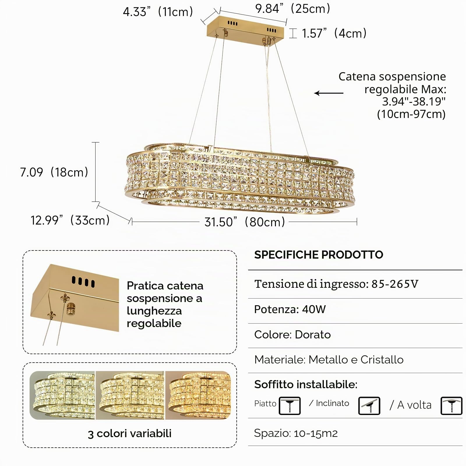 Lampadario moderno in cristallo dorato, lampade a sospensione ovali a LED, lampadari dorati regolabili per ingresso, soggiorno, sala da pranzo 80x35 cm