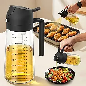 Garrafa de óleo de vidro com pulverizador e bico de despejo, dispensador de óleo 2 em 1 com marcas de medição, acessórios de oliva de função dupla, acessórios para cozinha, fritadeira, salada