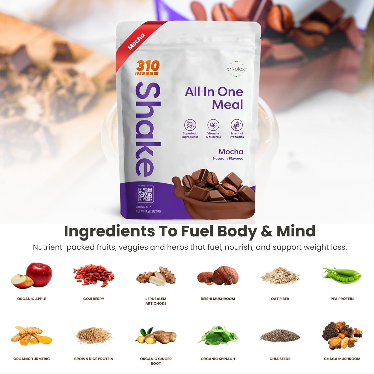 310 Nutrition All-In-One Meal Replacement Shake Powder - Plant-Based Protein Smoothie Blend w/High Fiber, Probiotics & Adaptogens - Low Carb, Vegan, Keto & Paleo Friendly - Mocha - 14 Srv