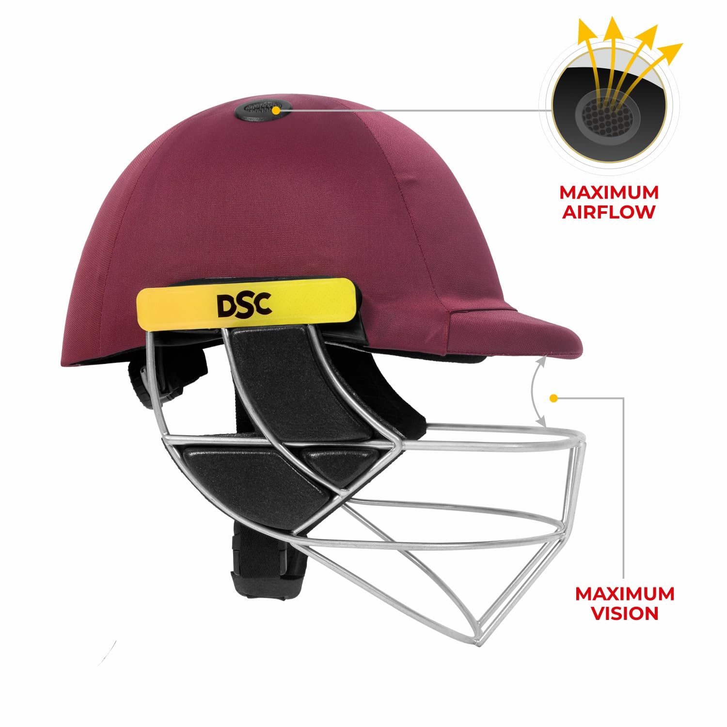 DSC Avenger PRO Premium Cricket Helmet for Men & Boys (Fixed Spring Steel Grill | Back Support Strap | Neck Guard |Lightweight| Size: Medium (Maroon) 1