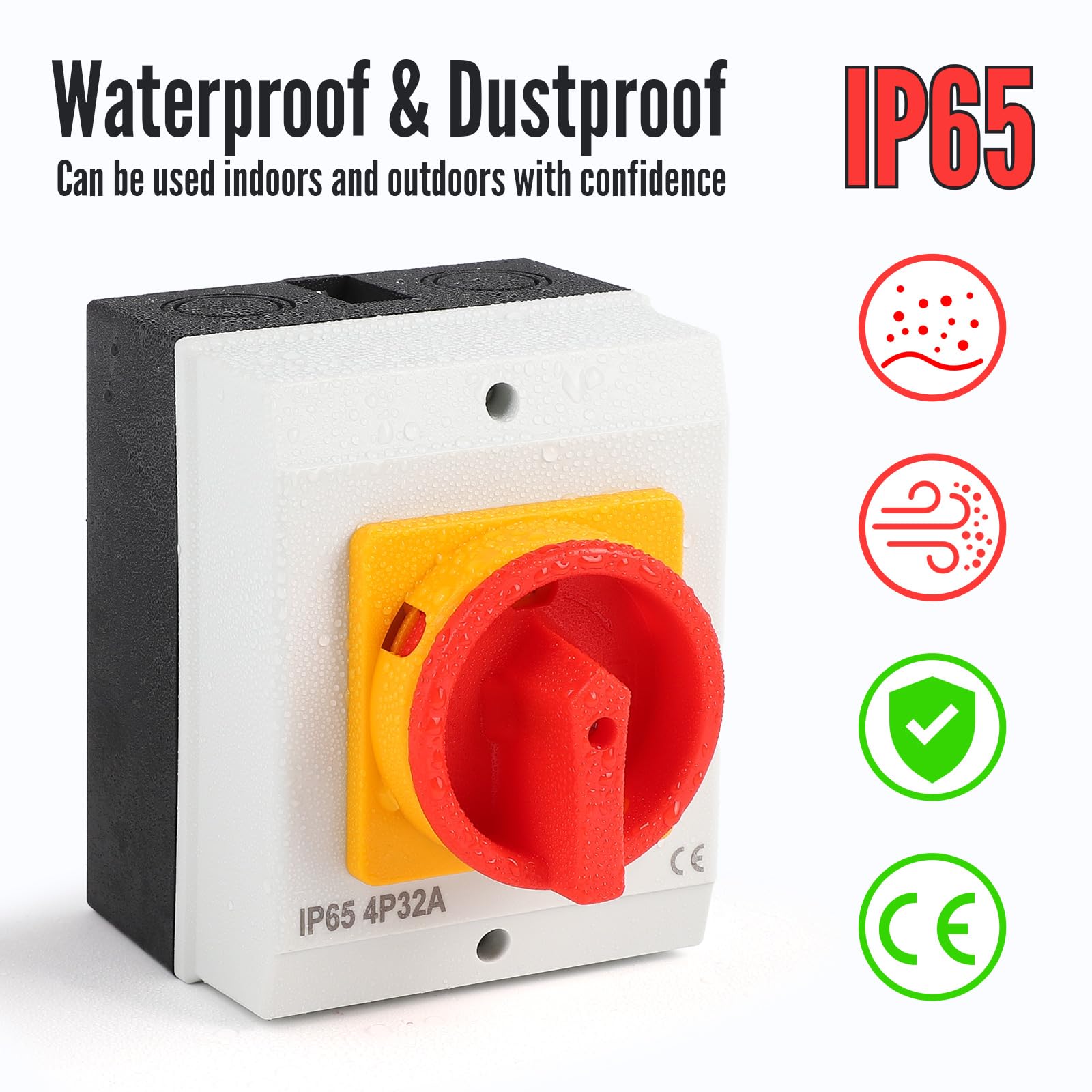 SWAWIS 32A Interruptor Principal Giratorio con Carcasa 4 Polos, IP65, Contactos de Plata Pura, para Conectar y Desconectar Circuitos Pequeños