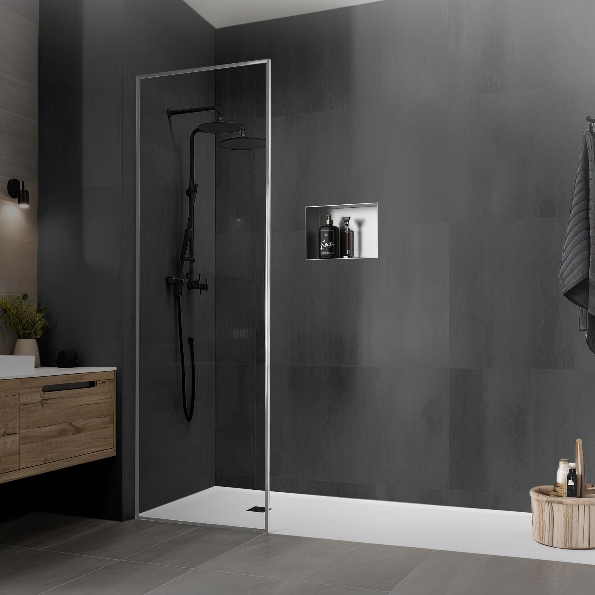 LuxeBath Nicho de Ducha de Acero Inoxidable 20x30x10cm cm Plata Marco de Pared sin Borde Empotrado Estante Integrado Instalación Flexible para Almacenamiento Organizador de Utensilios para Baño