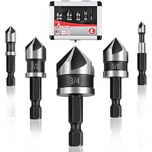MAZING 5PCS Countersink Drill Bit Set, brocas para Madera,82 Degree5-Flute HSS Countersink Bit with 1/4" Hex Shank,Sizes 1/4to 3/4 Fit for Sink Holes into Metal, Wood,Plywood&Plastic + Aluminum Case