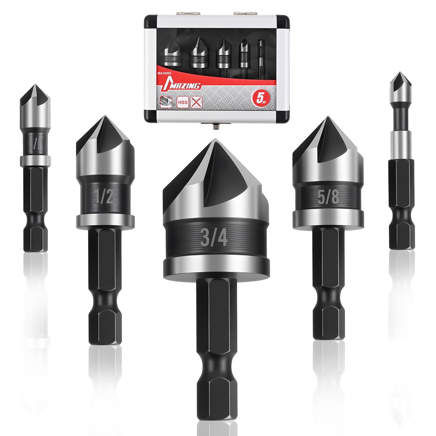 MAZING 5PCS Countersink Drill Bit Set, brocas para Madera，82 Degree5-Flute HSS Countersink Bit with 1/4" Hex Shank,Sizes 1/4”to 3/4 Fit for Sink Holes into Metal, Wood,Plywood&Plastic + Aluminum Case