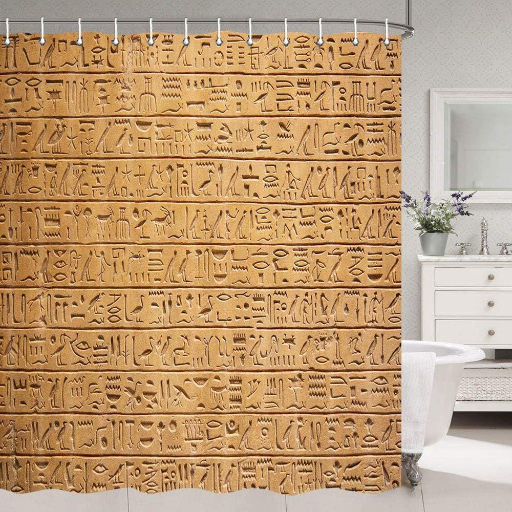 DYNH Ancient Egyptian Shower Curtain, Hieroglyphs, 72"W x 72"L, Brown, Waterproof, Unisex, Bathroom