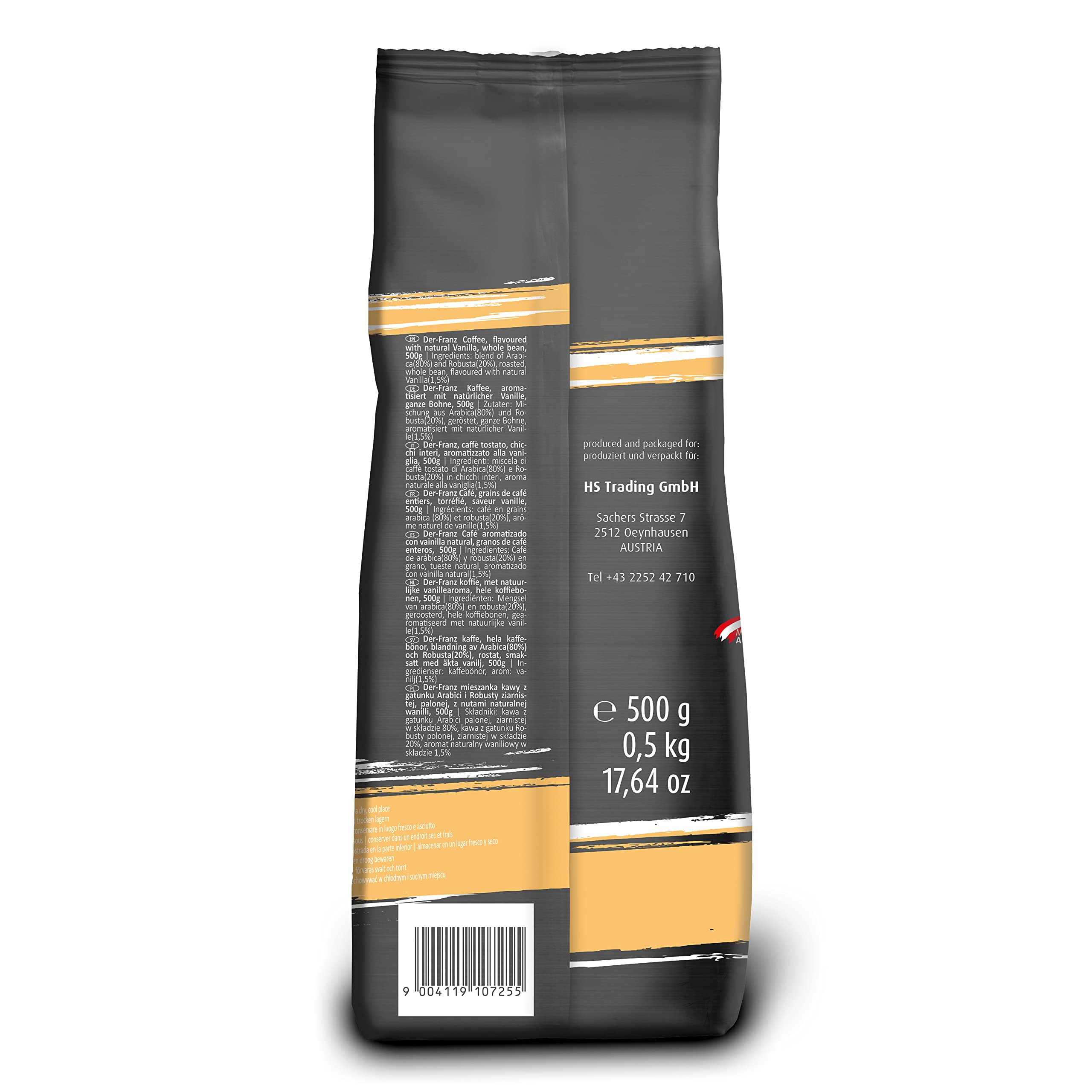 Der-Franz Kawa, aromatyzowana wanilią, intensywność 3/5, ziarna kawy Arabica i Robusta, 3 x 500 g