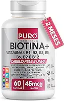Biotina + Puro Nutrition Pele, Cabelo e Unhas, 45 mcg de Biotina por dose, Vitaminas B1, B2, B3, B5, B6, B9 e B12, 60 Cápsulas