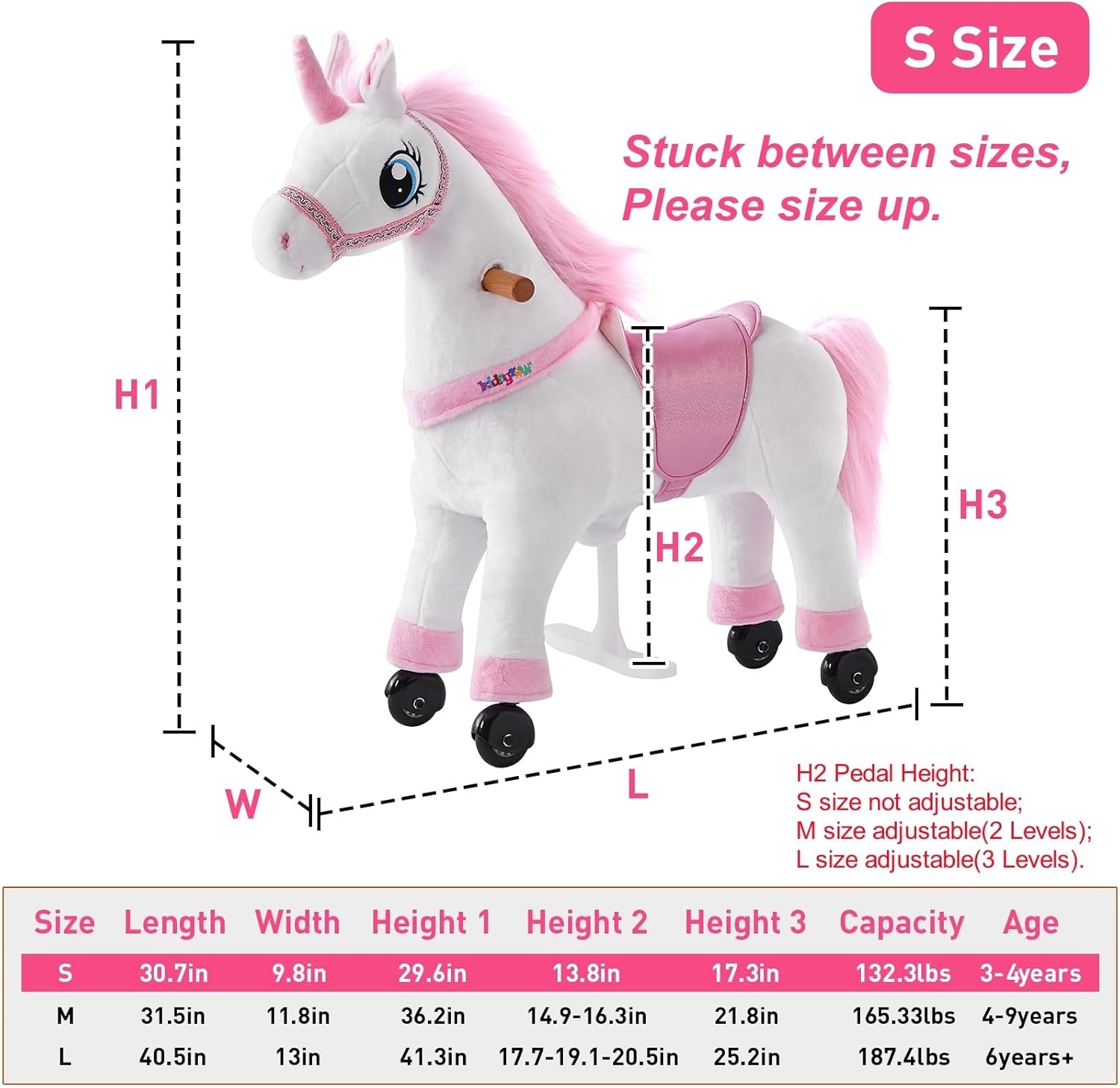 Ride on Horse Unicorn Toy for Kids Riding Horse Pony Rider Mechanical Cycle Walking Action Plush Animal for 3 to 4 Years, No Battery or Electricity,Max Load 132 LBS, Small Size