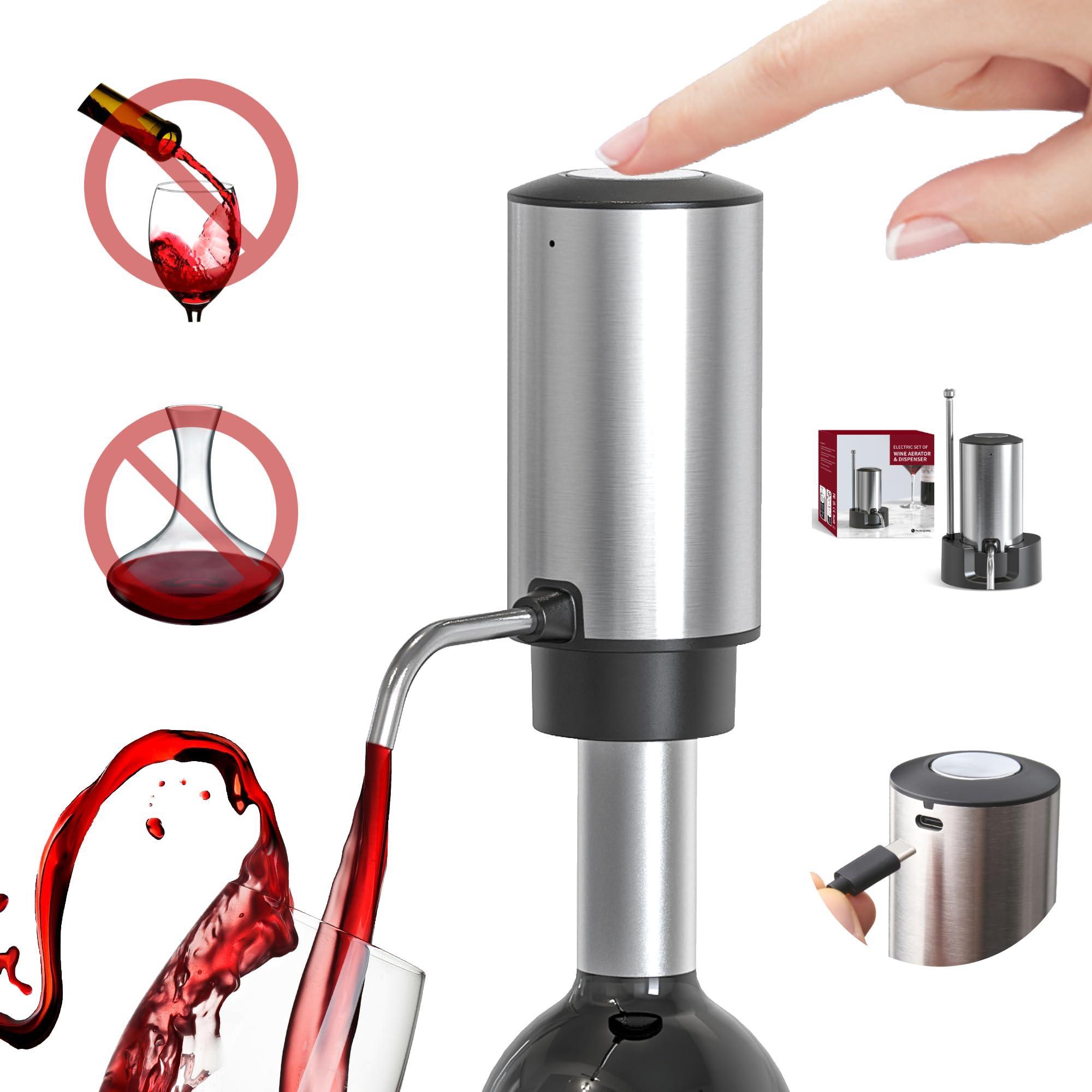 Elektrischer Weindekanter Automatischer Weinbelüfter Spender Ausgießer, USB-C Wiederaufladbare Aufbewahrungsbasis Edelstahlrohr One-Touch-Pumpe für alle Wein Btls, Aérateur Distributeur de