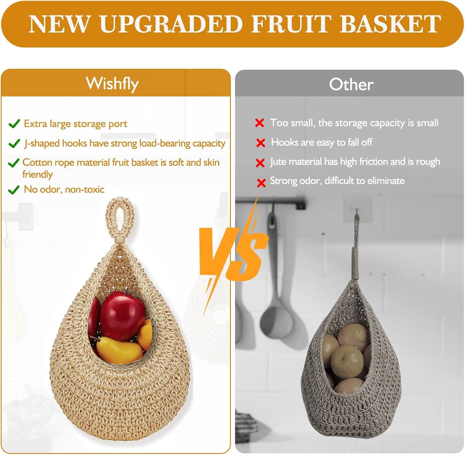 Lot de 4 corbeilles à fruits à suspendre au mur pour fruits et légumes, corde de jute tissée, support de rangement mural à suspendre sur la porte, organiseur avec 8 crochets pour cuisine, chambre à