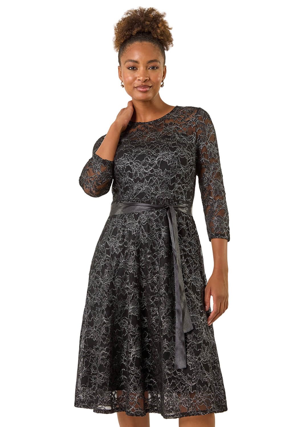 Roman Originals Metallic Lace Stretch Dress for Women UK - Ladies Everyday Autumn Winter Round Neckline Comfy Soft Evening Vacation Work Party Night Out - Black - Size 18