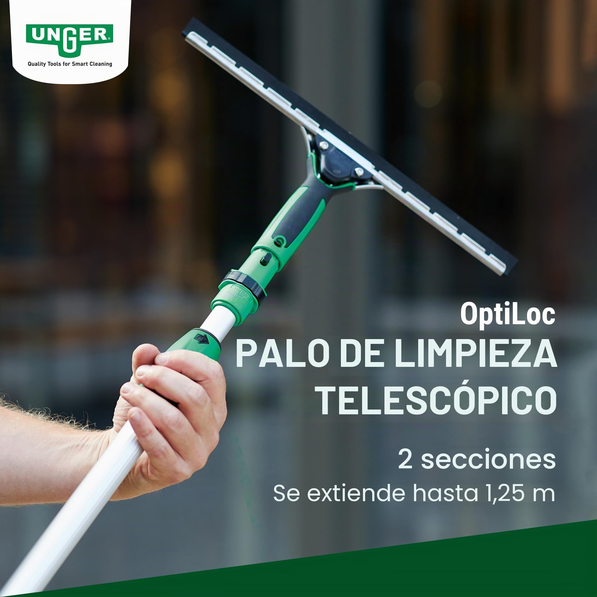 Unger OptiLoc 1,25 m Varilla telescópica (compatible con herramientas de limpieza de ventanas, mango ergonómico, punta antideslizante, bloqueo de dos componentes) EZ120