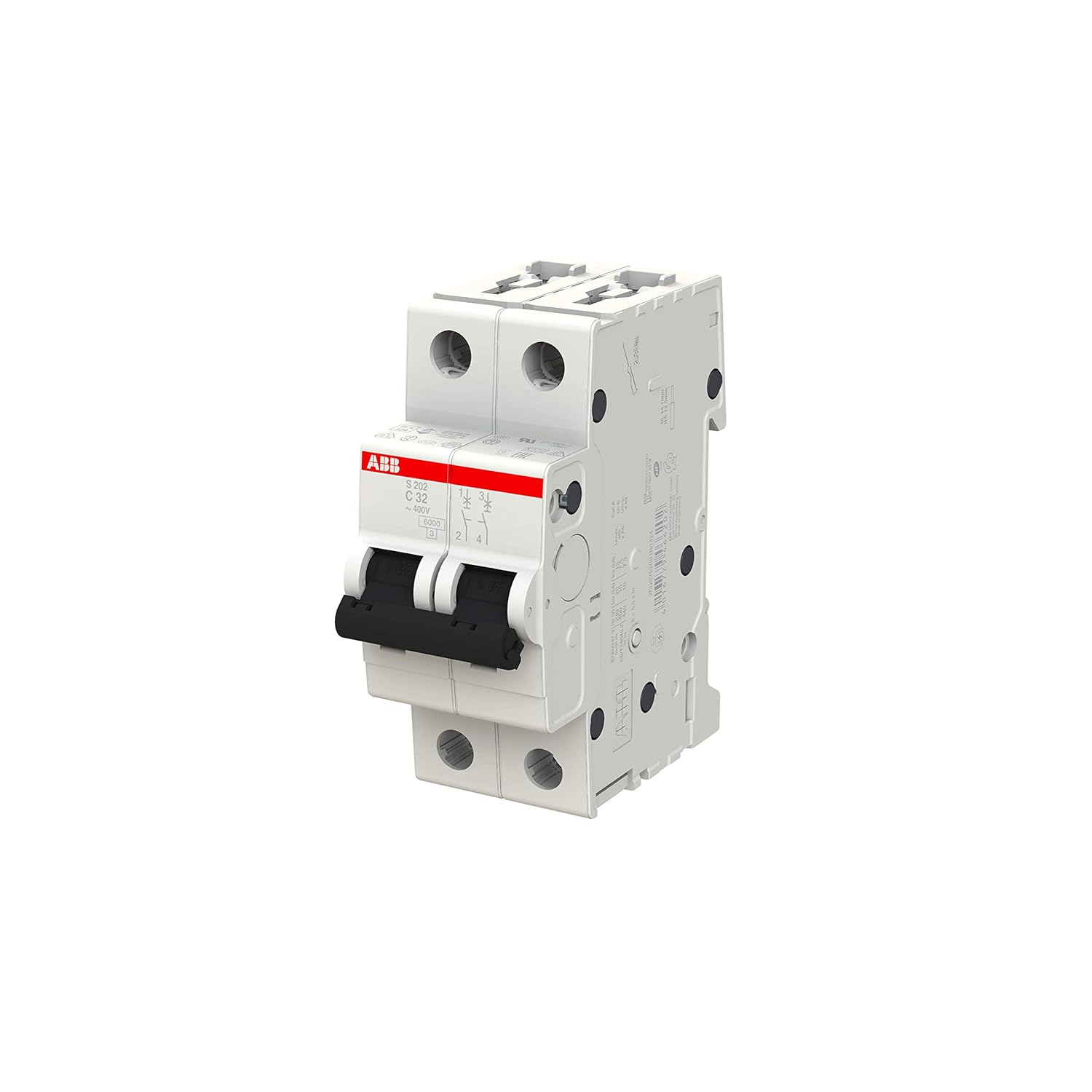 ABB S202-C32 Miniature Circuit Breaker, 2 Pole, Type C, 6/10kA Breaking Capacity, 32 Amp Current (2CDS252001R0324)