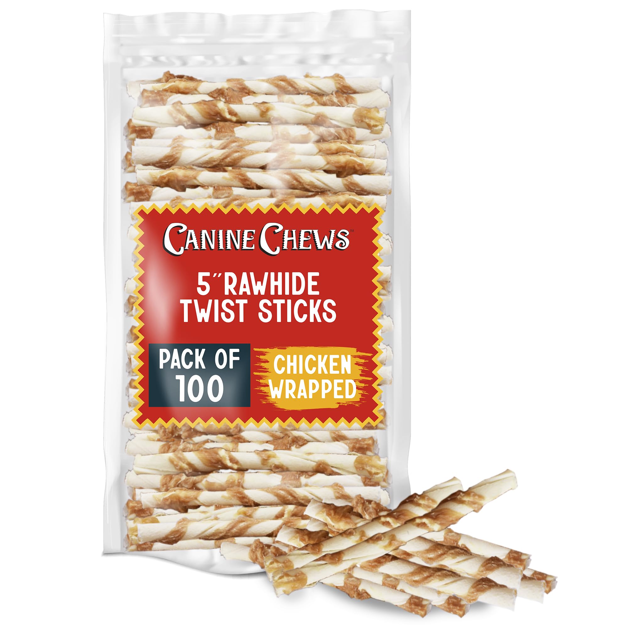 Canine Chews Chicken-Wrapped Rawhide Twists for Dogs - Pack of 100 U.S.A. Sourced Chicken Wrapped Rawhide Dog Treats, Sticks for Dogs - Premium &