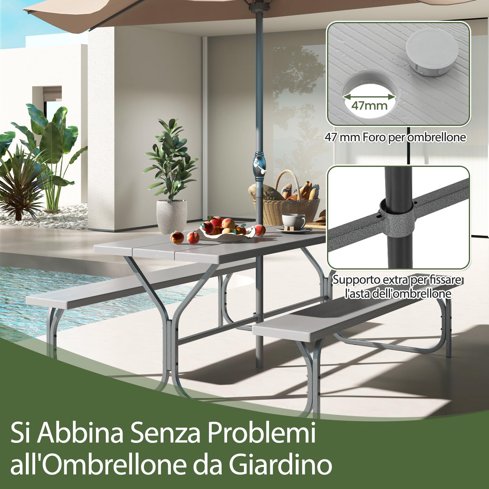 GYMAX Set Tavolo e Panche da Picnic per 8 Persone, Tavolo Picnic da Esterno con Foro per Ombrellone Integrato, Piano Tavolo in HDPE Resistente a Tutte le Condizioni Atmosferiche (Grigio)