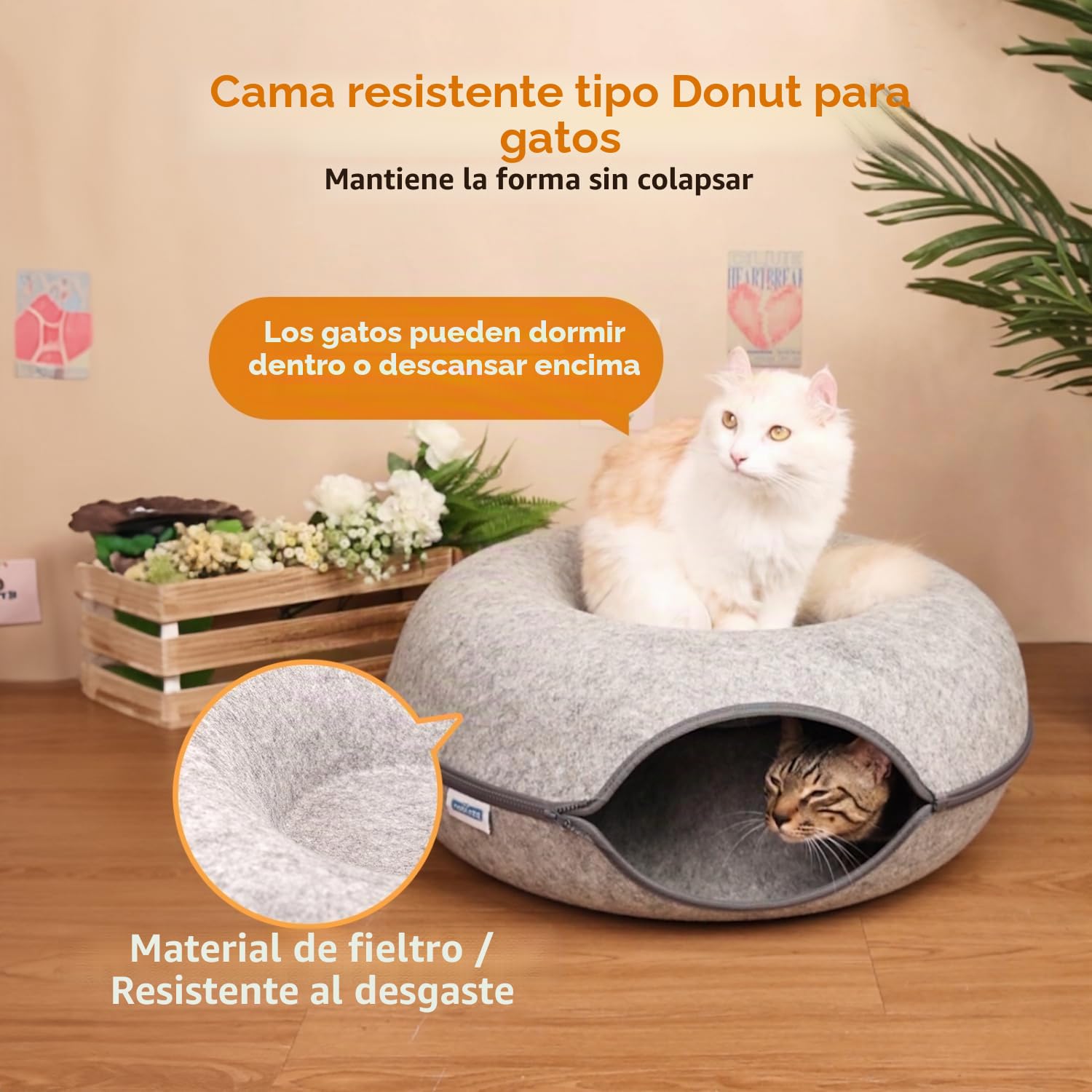 Nobleza Túnel para Gatos de Fieltro, Cama para Gato Extraíble con Cremallera, Casa para Gatos Interior, Apta para Gatos Medianos y Grandes de hasta 13 kg, 60×60×26cm, Gris