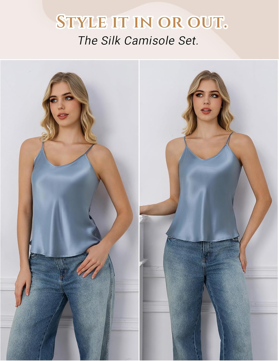 THXSILK 100% Mulberry Silk Women Cami Pajama Set, Tank Top with Shorts Sleepwear, Adjustable Spaghetti Straps, Luxury Pj Set - Image 4