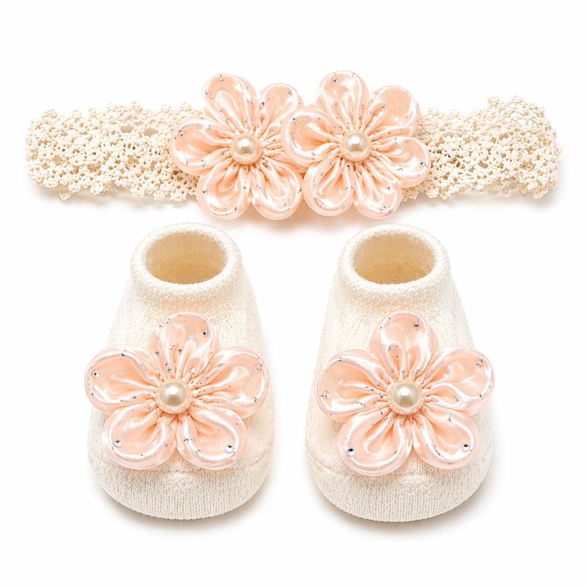 Hi Mom Baby Headband and Socks Set for Girls Soft Cotton Floral Pearl Design Newborn Infant Booties with Stretchable Hair Band Baby Gift Set 0-12 Months-image-31
