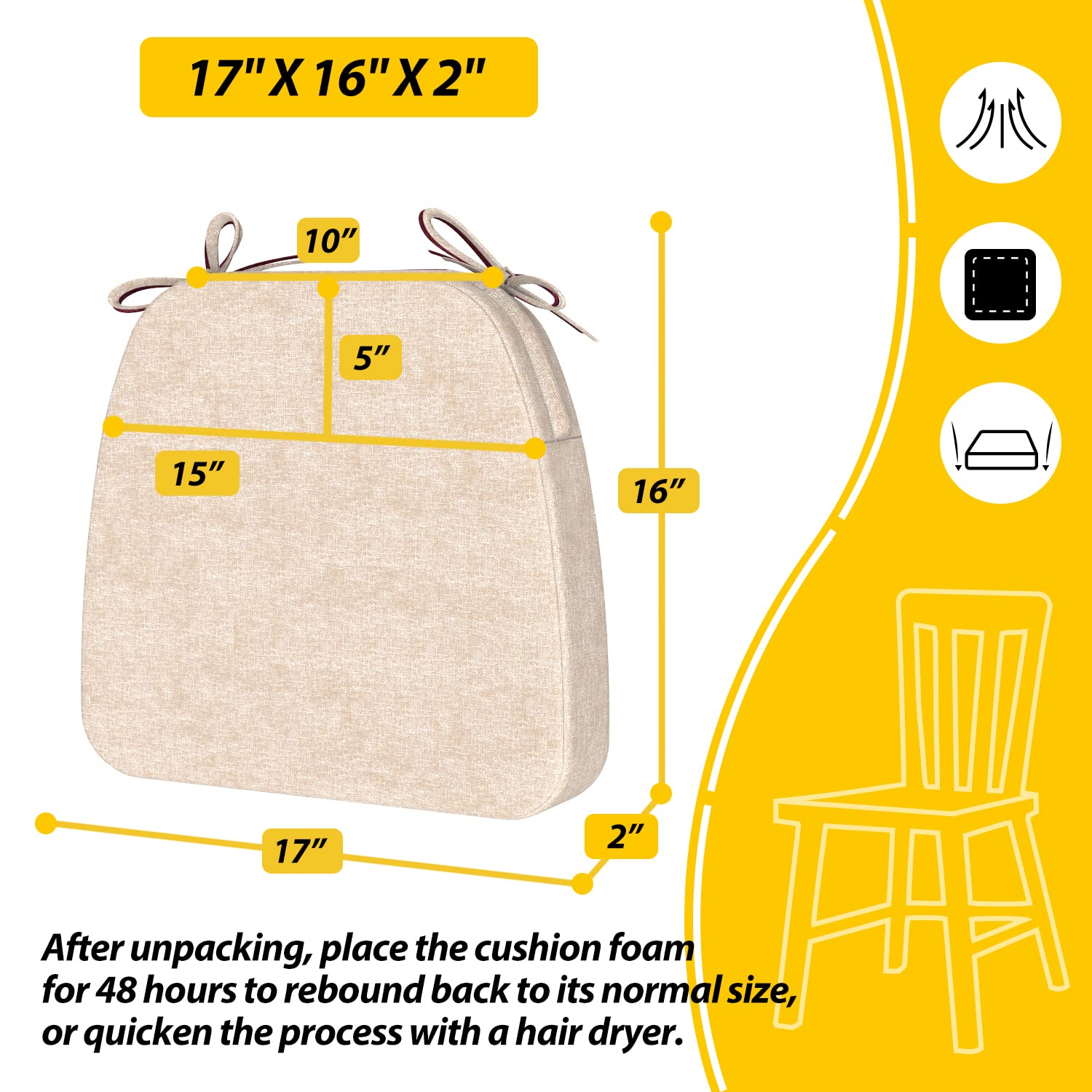 AAAAAcessories D-Shaped Chair Cushions for Dining Chairs with Ties and Removable Cover, 2" Thick Dining Kitchen Chair Pads, Indoor Dining Room Chair Cushions, 17" x 16", Set of 4, Beige