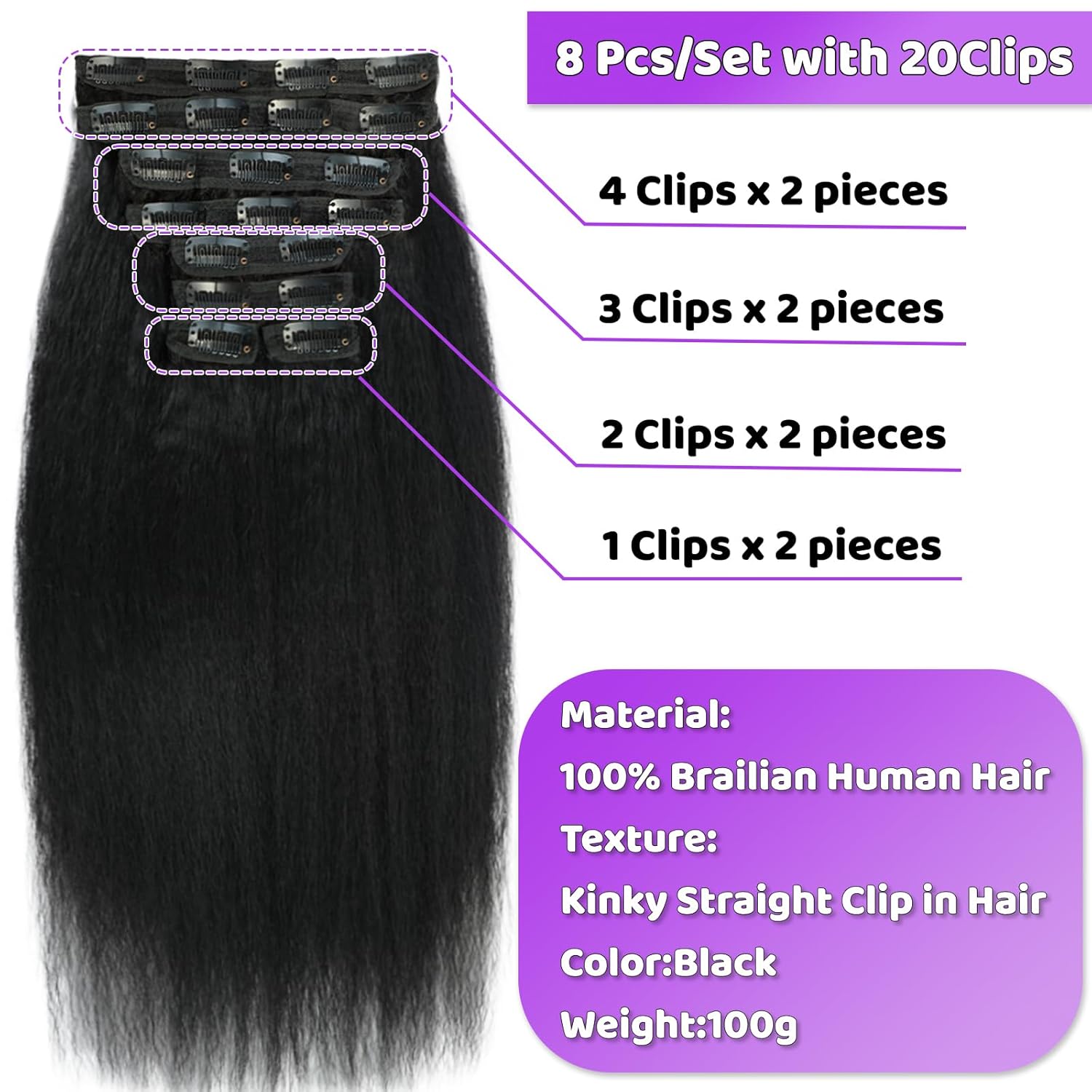 Kinky Straight Clip ins 26 Inch Clip in Hair Extensions Real Human Hair Yaki Straight Clip ins for Black Women Full Head Brazilian Remy Hair Extensions Double Weft 8Pcs 100g 20 Clips