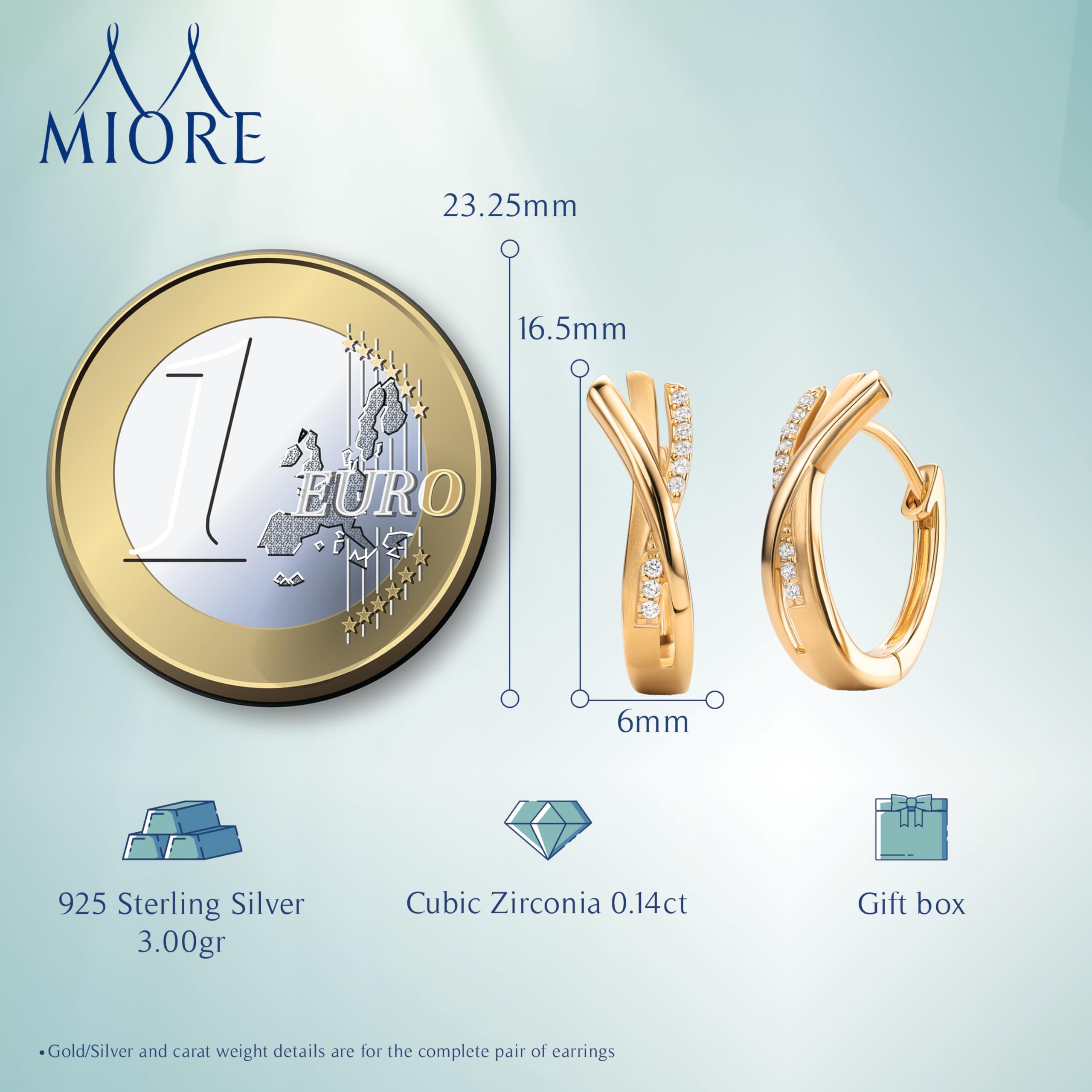 Miore Orecchini Cerchio Donna con Zirconi Brillanti in Argento 925 - Argento 925 Placcato Oro Giallo 18K 750, Orecchino Cerchi a lobo anallergici con Zirconi. Chiusura con perno passante e scatto.