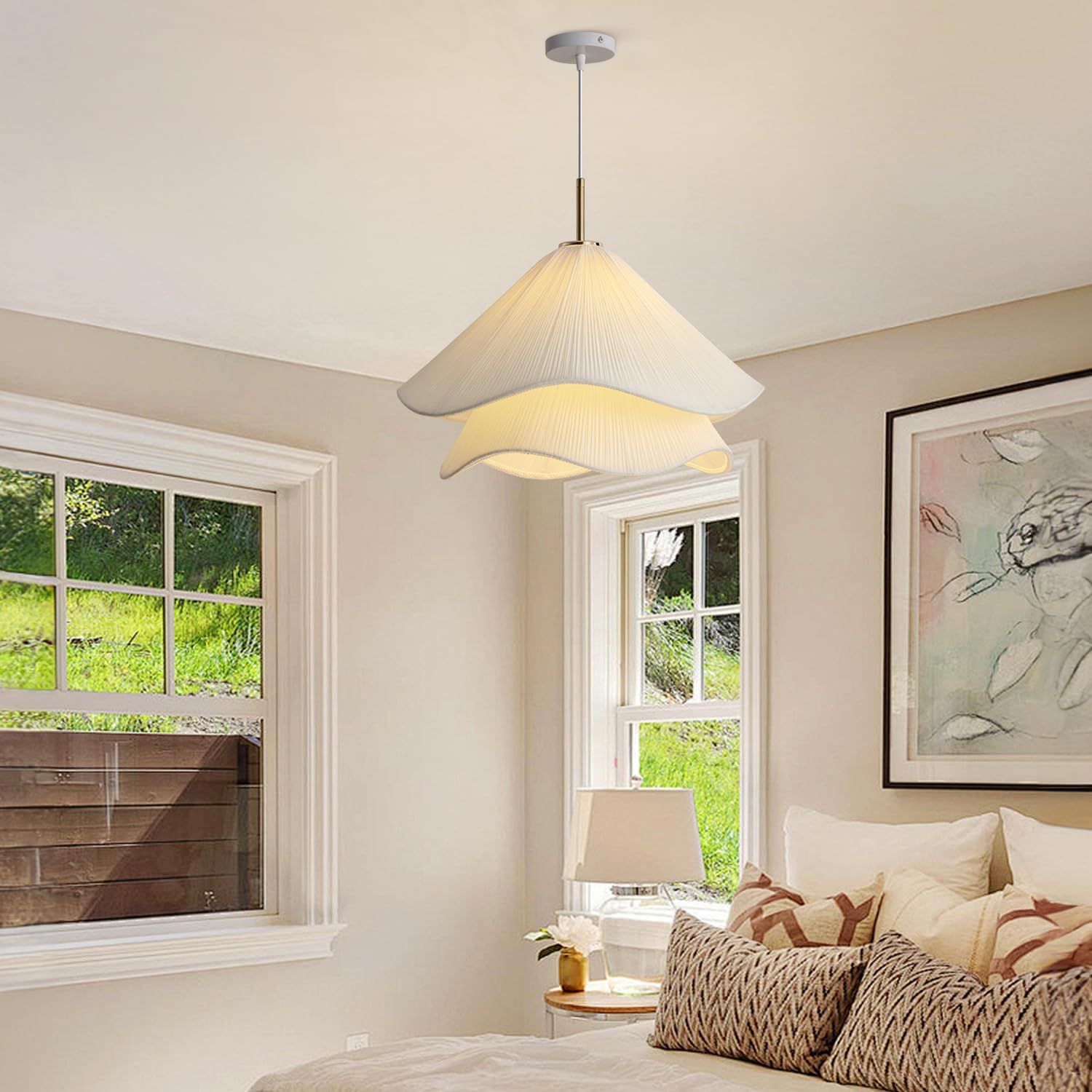 Modern Simple Hanging Lamp Cream Petal Fabric Chandelier Decoration Warm Romantic E26 Pendant Light For Indoor Living Dining Room Bedroom Home Pendant Lamp Kitchen Island Restaurant Cafe Light