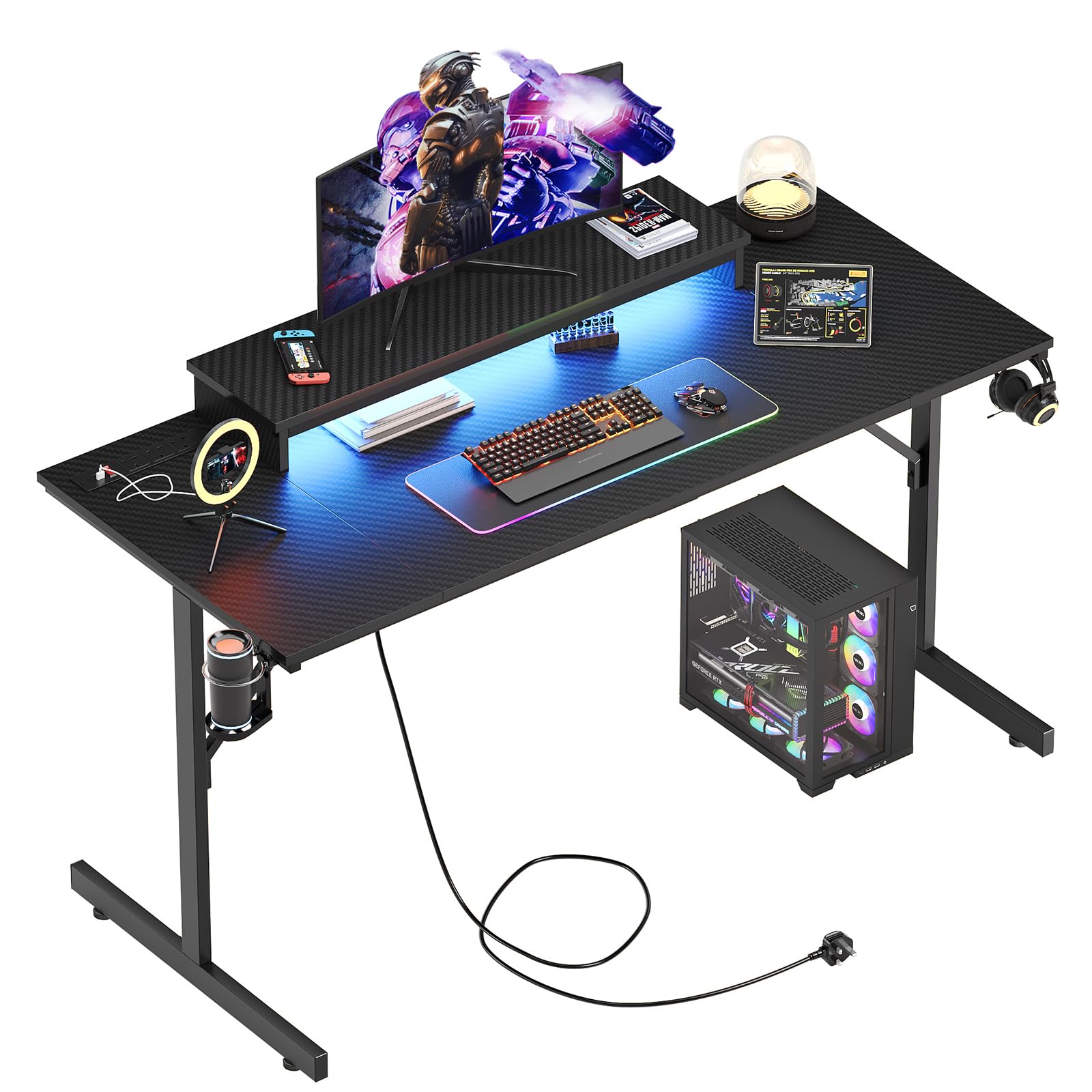 Bestier Gaming Desk 131.6 CM with Power Outlets & LED Light Computer Desk with Monitor Stand Gamer Workstation with Cup Holder & Headset Hooks for Home Office Bedroom