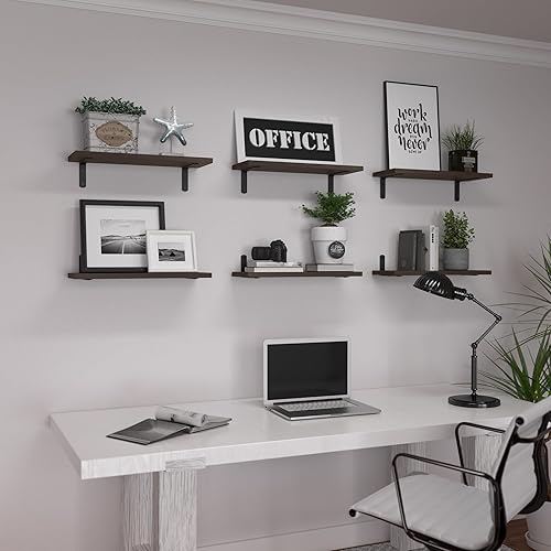 Miniatura 7 de WOPITUES Juego de 6 estantes flotantes de madera, estantes para decoración de pared, estante de granja para dormitorio, estantes de almacenamiento