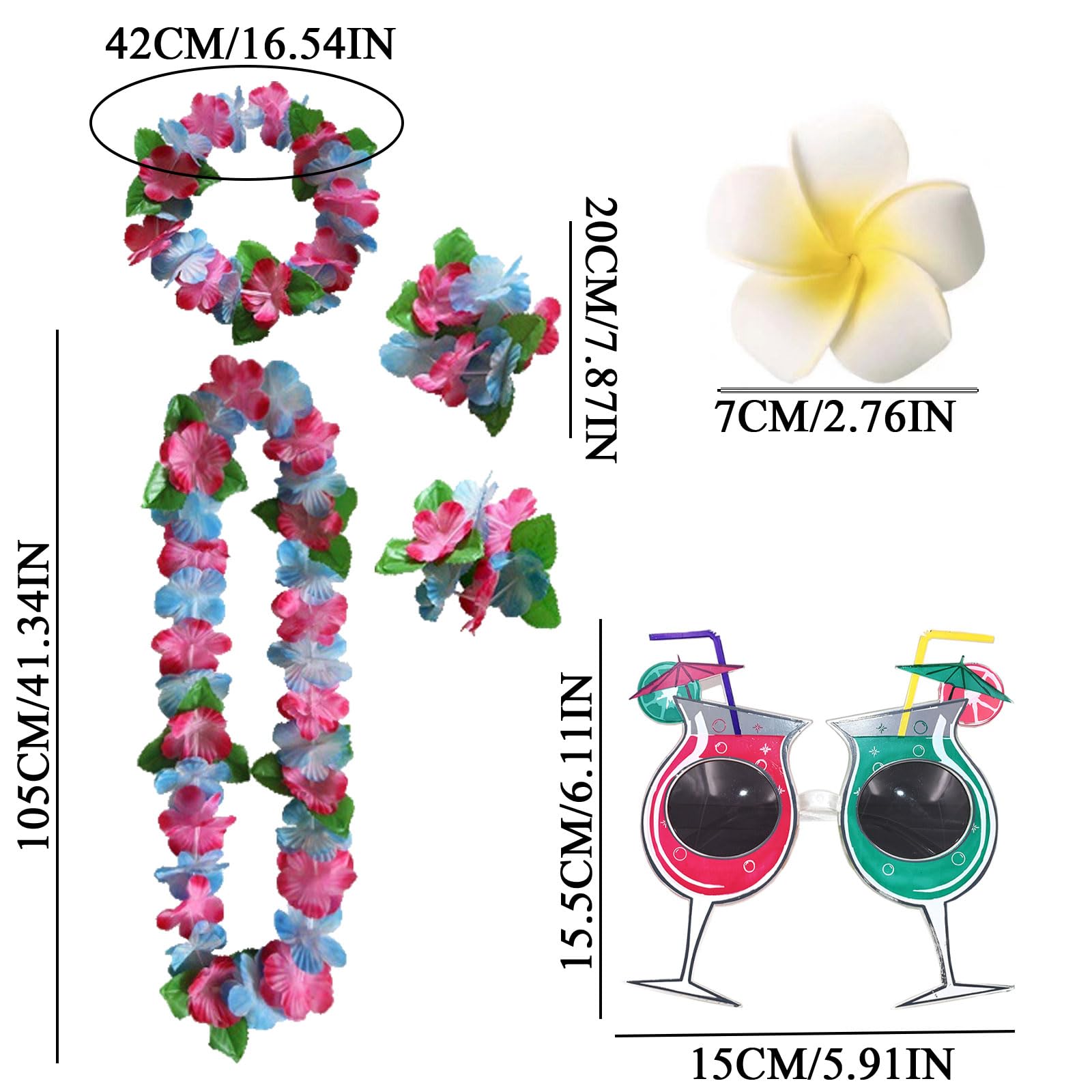 MUNSKT 6 Pcs Hawaiian Wreath Set, Cocktail Shape Sunglasses + Tropical Garland Accessories + Hair Clip - Image 3