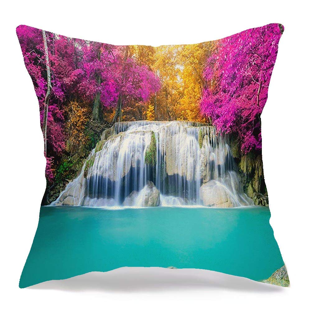 Pillow Case Amazing Waterfall Thailand Conserve Wonderful Autumn in Forest Nature Stream Parks Spring Outdoor Linen Toss Comfortable Throw Cushion Cover for Car Chair Couch Bed 16 x 16 Inch