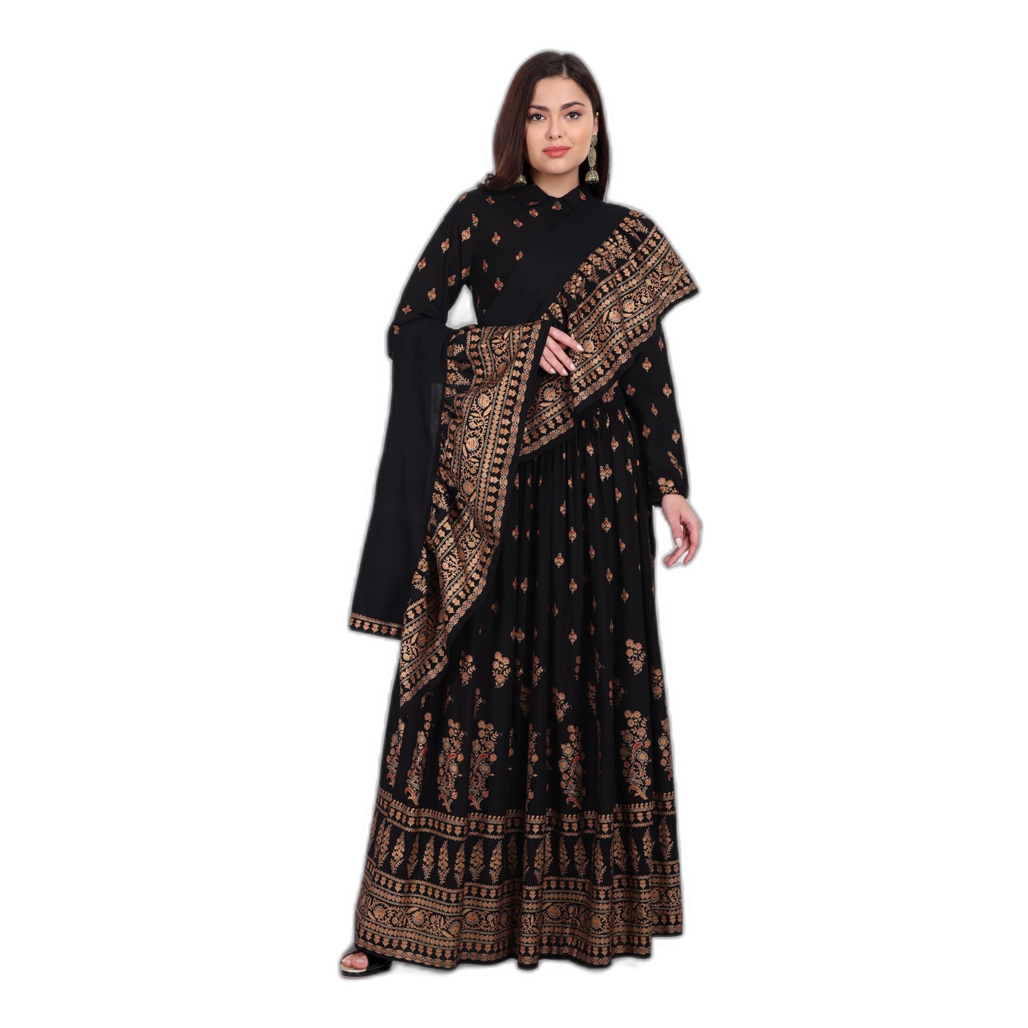 Women's Rayon Black Golden Top with Long Skirt Set Designer Work on Top with Full Sleeves