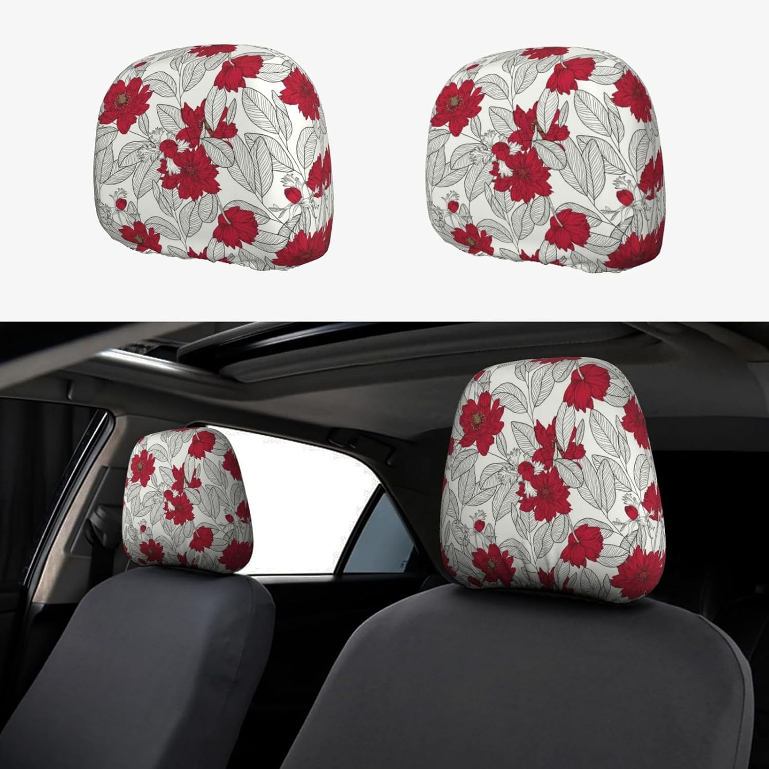 Mosytuky 2 Pcs Leaves and Anemone Flowers in Red Grey Print