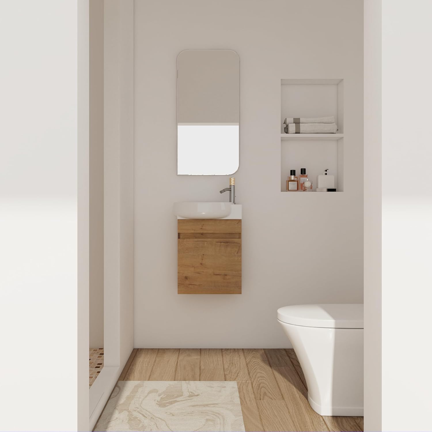 16'' Floating Bathroom Vanity with White Ceramic Sink, Modern Imitative Oak Wall Mounted Bathroom Vanity Combo with Metal Handle and Soft Close Door, Hanging Bathroom Vanity Cabinet Set