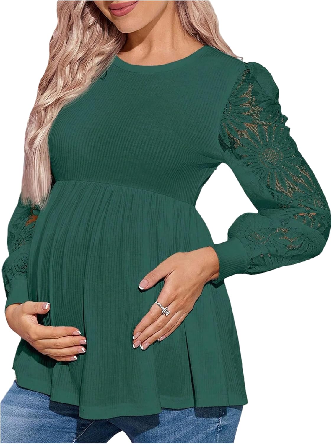 MakeMeChic Women's Maternity Shirts Crew Neck Tops Lace Jacquard Long Sleeve Ruffle Blouse Clothes