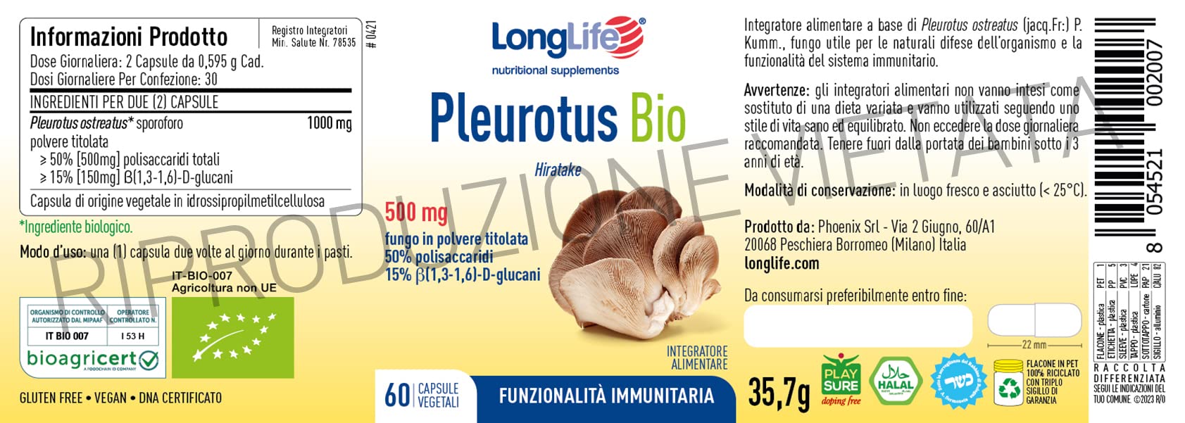 LongLife® Pleurotus Bio | DNA certificato | Titolato al 50% in polisaccaridi e al 15% in β(1,3-1,6)-D-glucani | Difese naturali dell’organismo | 1 mese di trattamento | Vegano e senza glutine