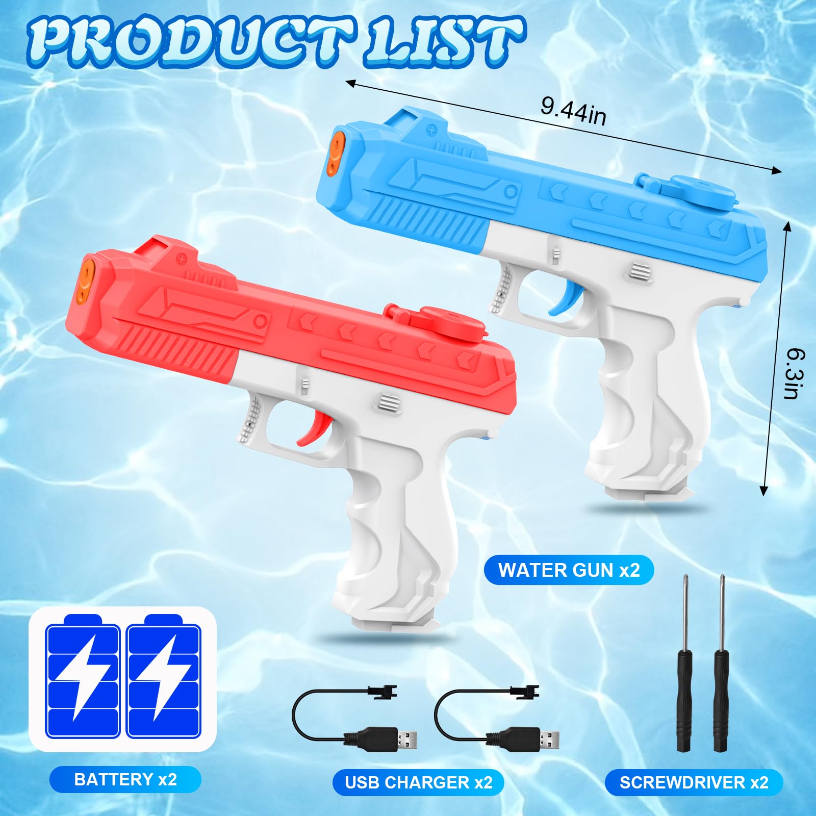 2 Pack Electric Water Gun for Adults Kids, Powerful Automatic Squirt Gun, High Powered Shooting Water Pistol, Long Range 25 FT, Auto Water Blaster, Pool Outdoor Toy Summer Game