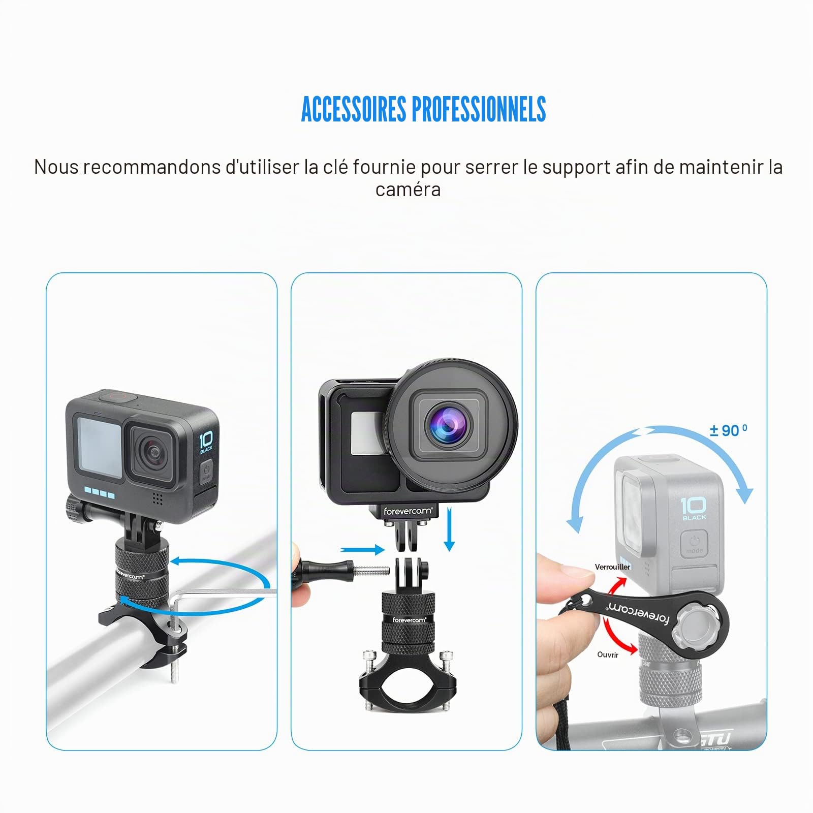 Forevercam-Support de caméra d’action en alliage d’aluminium pour guidon de vélo, rotation à 360 degrés, compatible avec diverses caméras