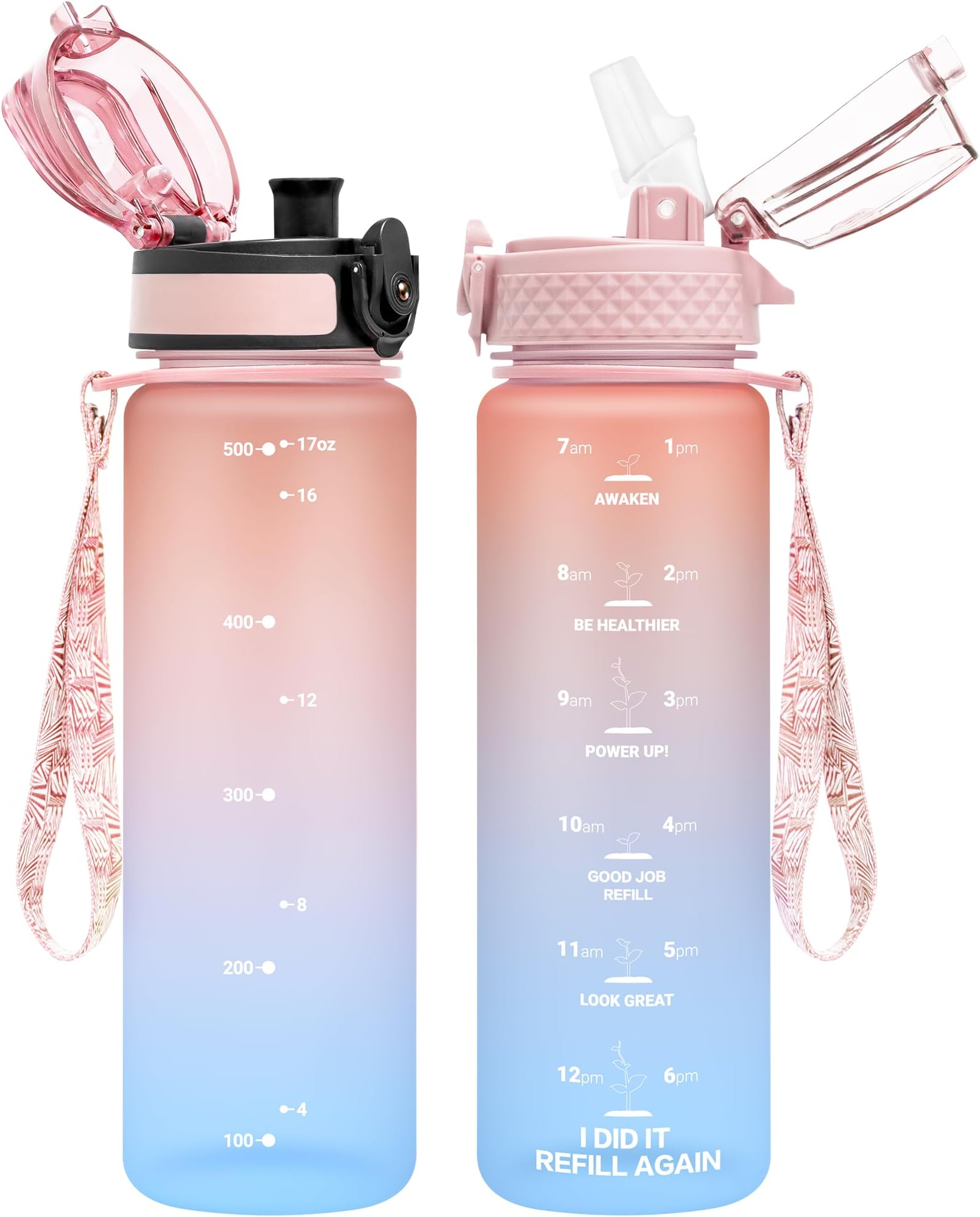 OLDLEY Kids Water Bottle for School, 17 oz (2 lids) BPA-Free Reusable Leak-proof Durable Tritan Plastic Water Bottles with Straw & Chug Lids, Anti-dust Spout Cover (Pink Blue)