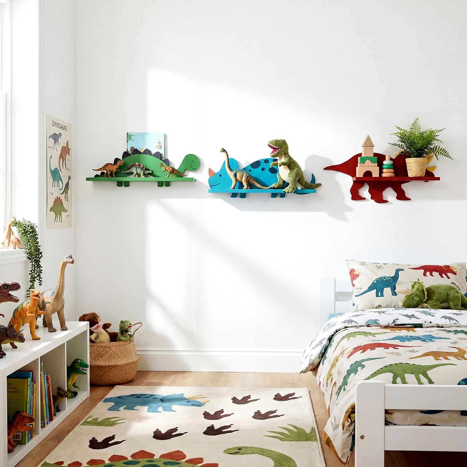 Pinkunn 3 Pcs Dinosaur Wooden Wall Shelf Decorative Dinosaur Bookshelf Triceratops Iguanodon Stegosaurus Wall Shelf with Hanging Pegs Dino Nursery Decor for Boys Room, 3 Styles