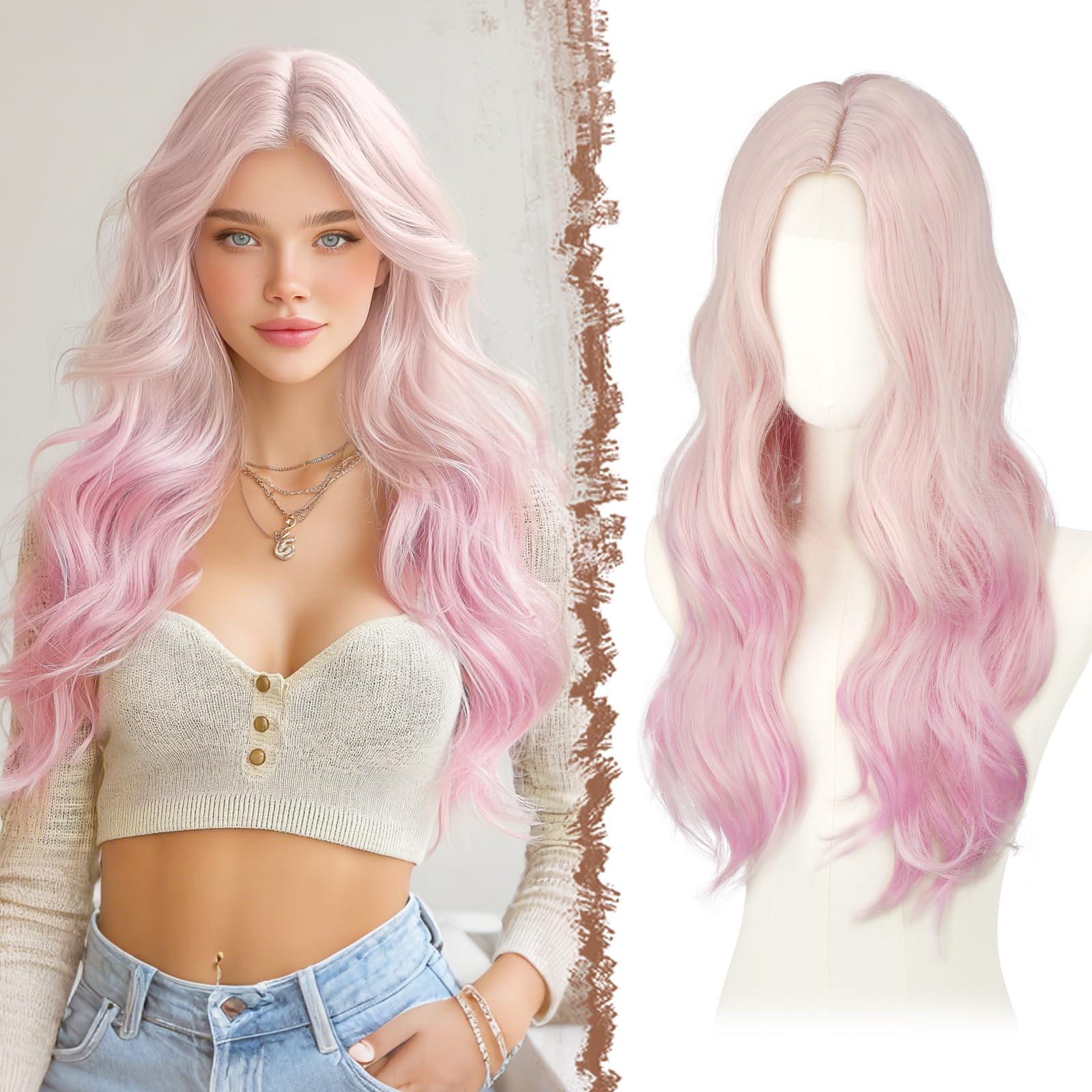 FESHFEN Perücke Pinke für Damen Synthetik Lace Front Gewellt Perücken | 60 cm Lange Wellig Lemonade Rosa Bunte Haarperücke Kunsthaar Natürlich Hitzebeständig Wig für Täglich Karneval Cosplay Party