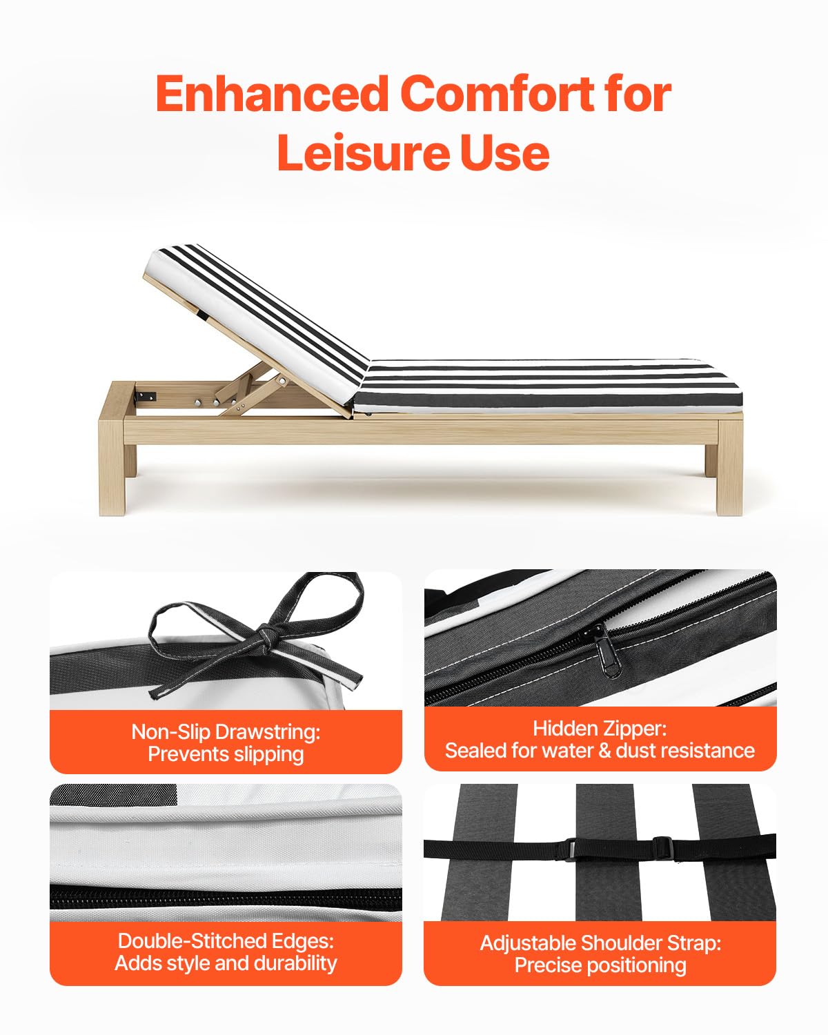 VEVOR Set di 2 Cuscino per Chaise Longue, 1889 x 561 x 71 mm, Cuscini per Lettini Prendisole Impermeabili e Resistenti allo Sbiadimento, Esterno con Lacci, per Piscina, Strisce Bianche e Nere
