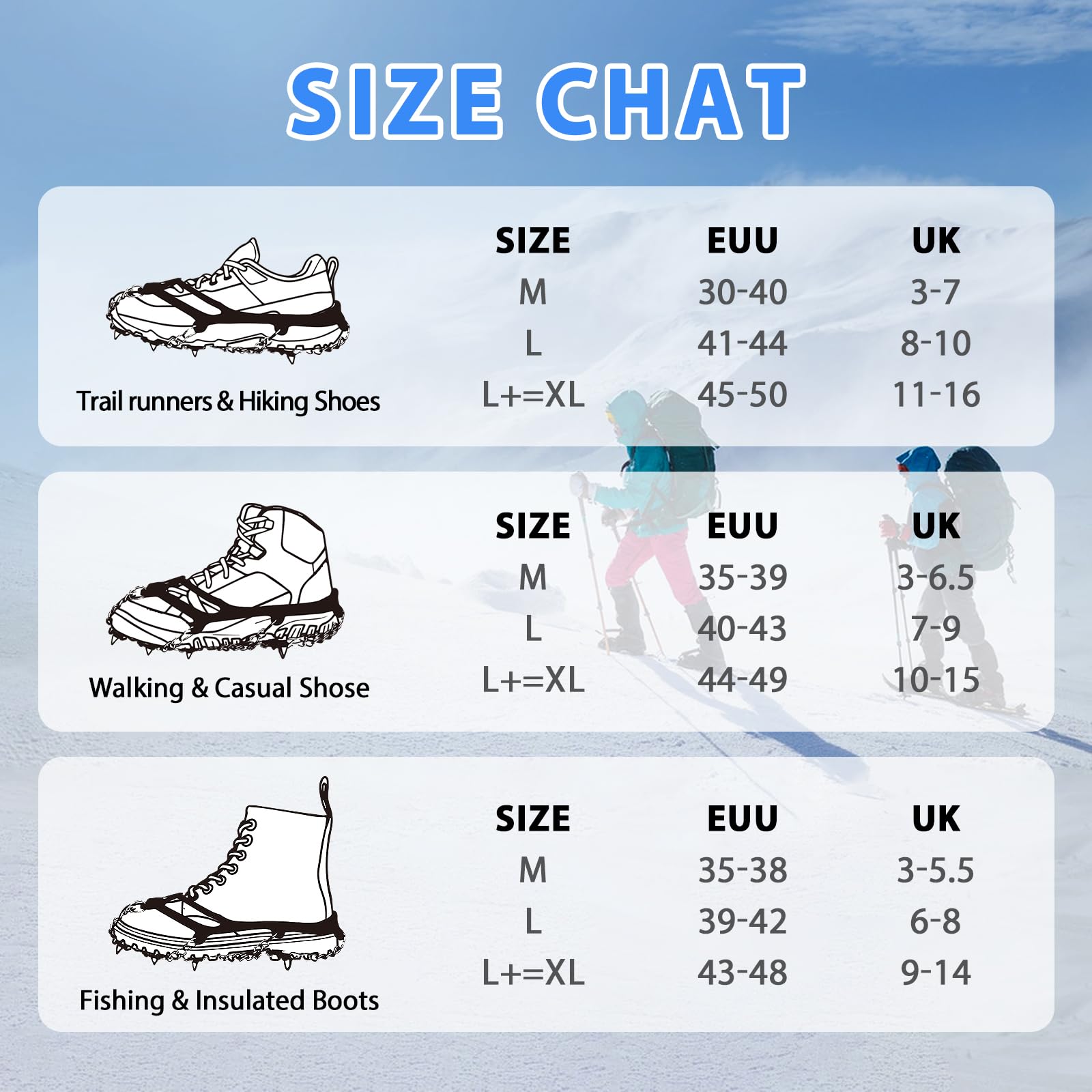 Steigeisen für Wanderschuhe, Schnee, Griffe, Schneespikes, Grödel Eisspikes mit 23 Edelstahl Zähne Verdickte Schuhkrallen, Schuhkrallen für Gehen, Joggen, Angeln, Wandern