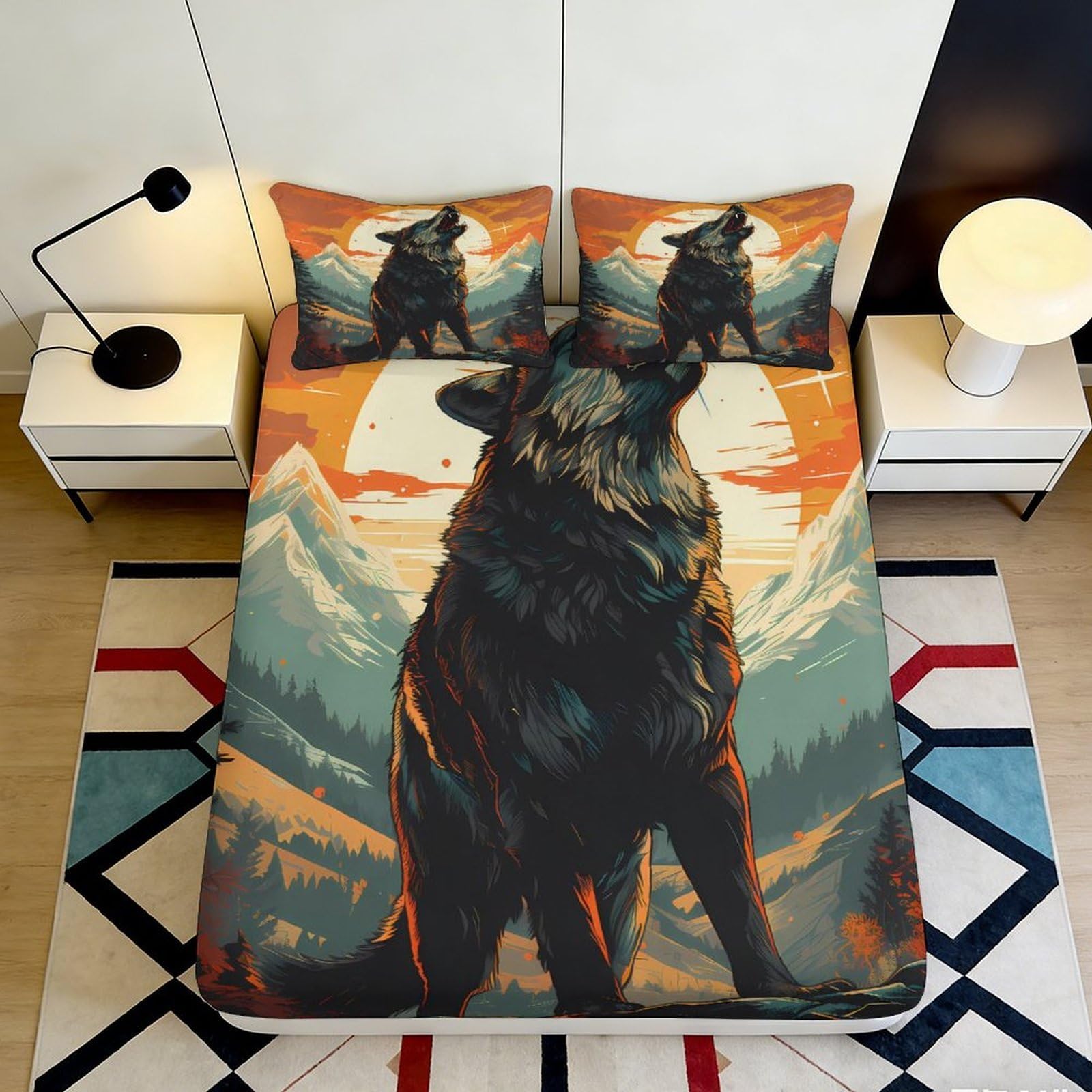 3D Printed Wolf Mountain Fitted Sheet Microfiber Soft Breathable Sunset Landscape Mattress Cover Bedroom Decor 90x200x25cm