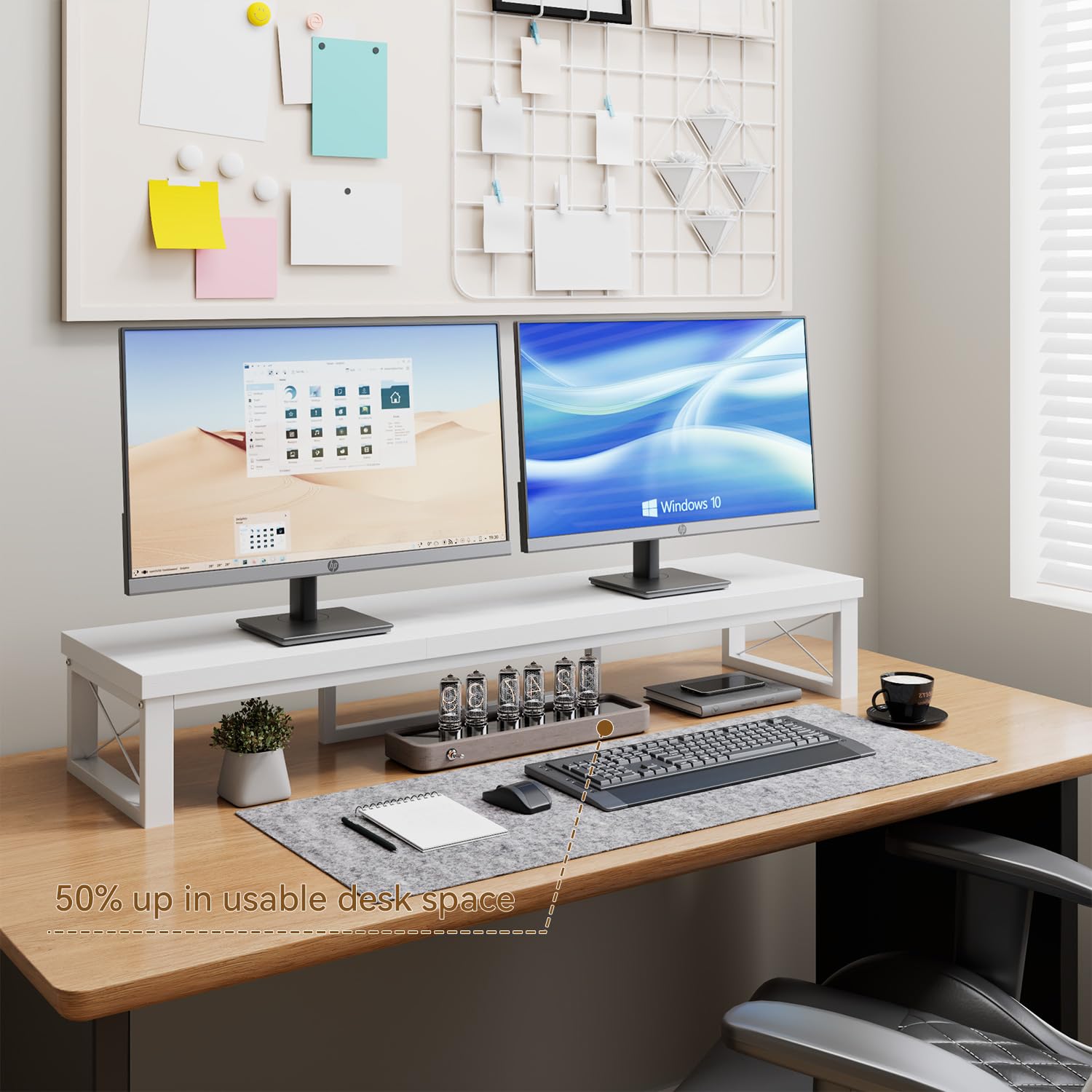 IBUYKE Supporto per doppio Monitor di Computer, 97cm Legno Tavolo Organizer Supporto, Scrivania da Ufficio con Doppio Schermo, Adatto per PC, Stampanti, Laptop, TV, Bianco TDJ002W